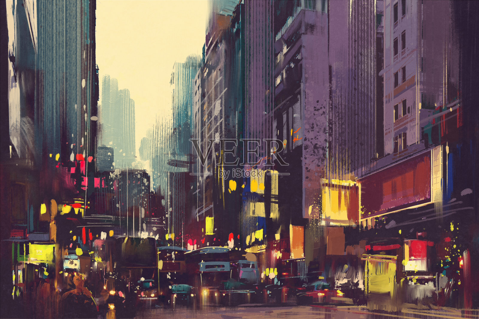 香港的城市交通和缤纷的灯光插画图片素材