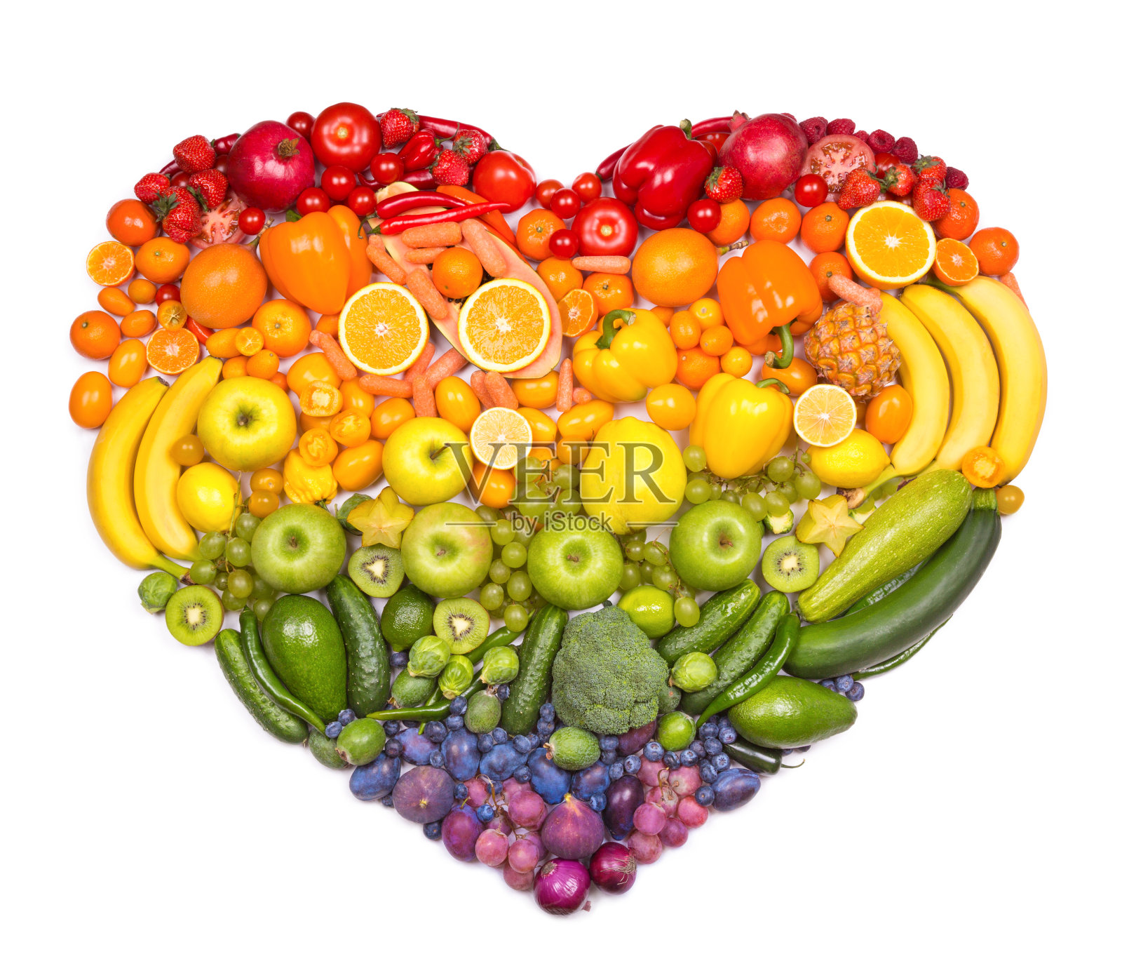 彩虹心的水果和蔬菜照片摄影图片