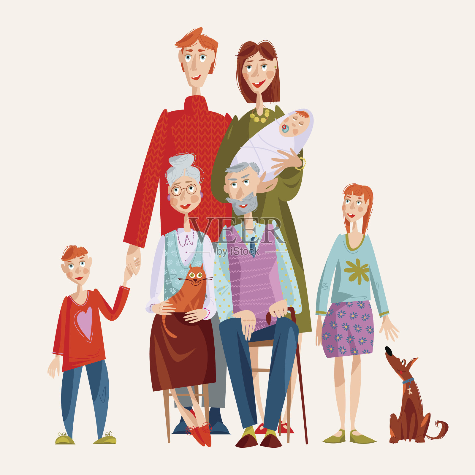 大家庭。父亲，母亲，孩子，祖父母和宠物。幸福的家庭的概念。插画图片素材
