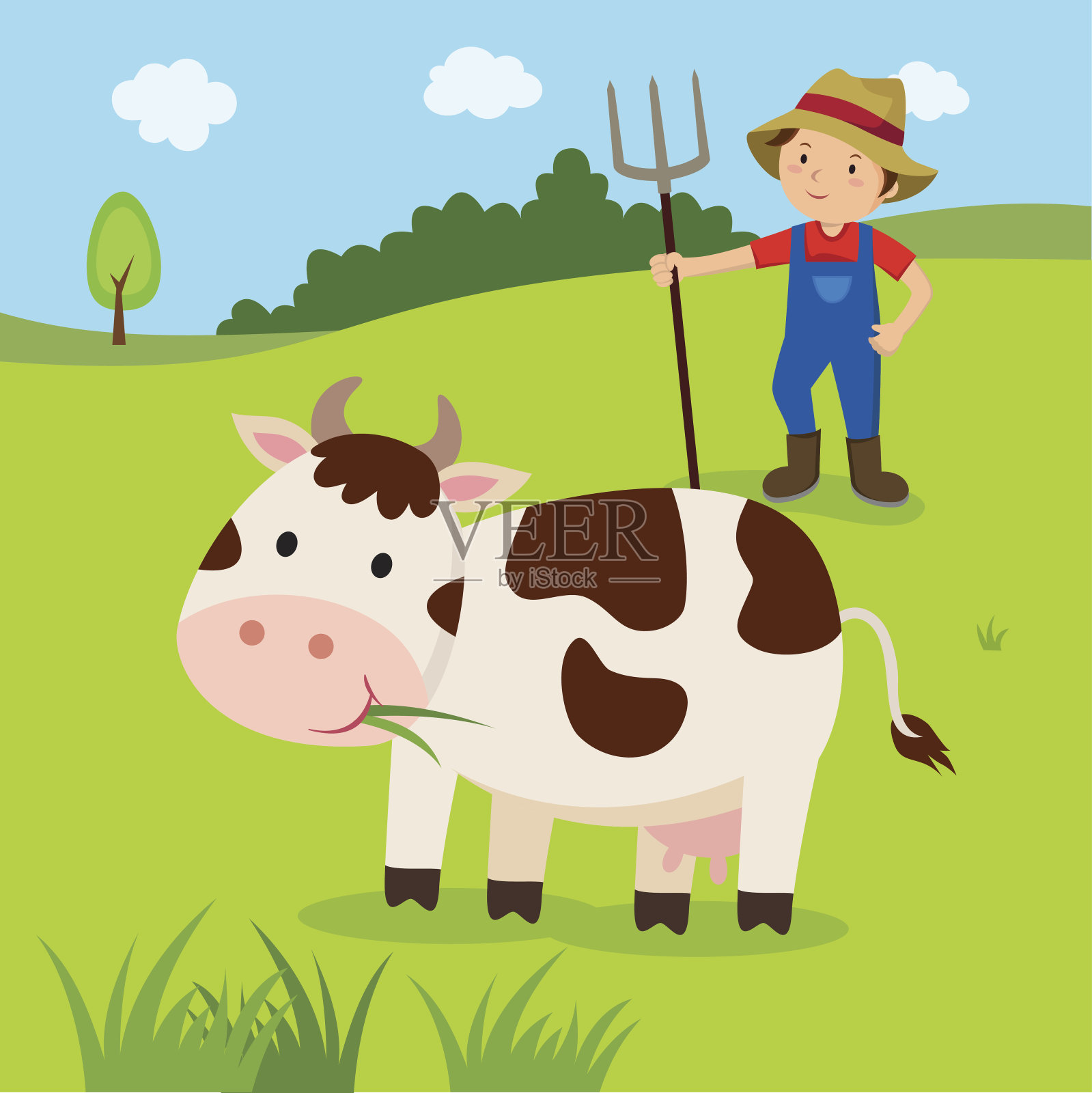 农场。绿色草地上的奶牛和农民。插画图片素材
