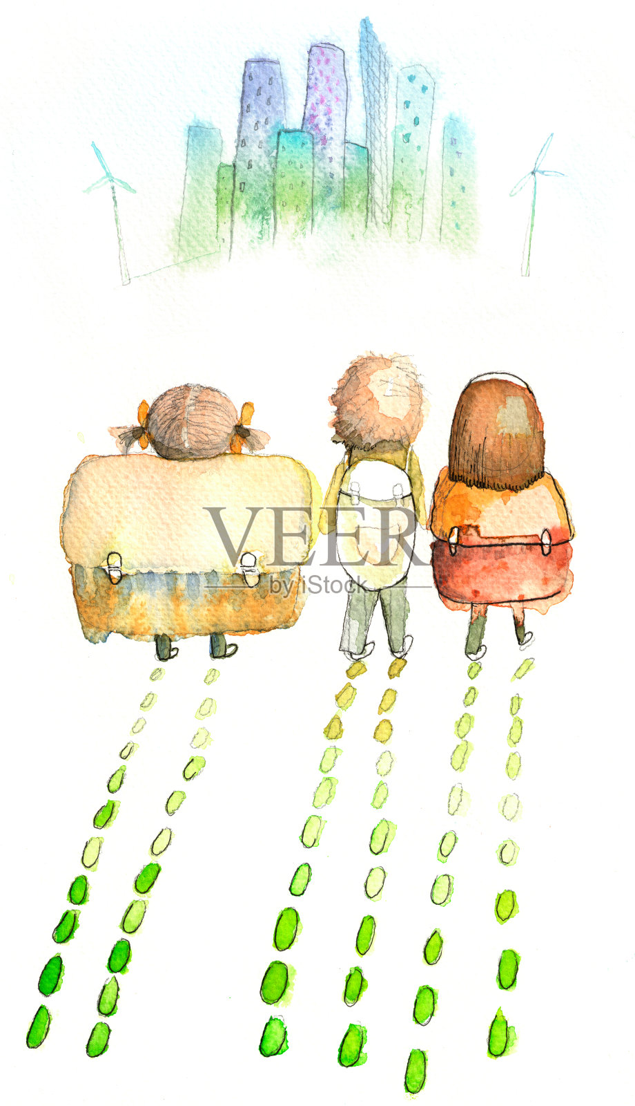 手绘水彩插图的三个孩子插画图片素材