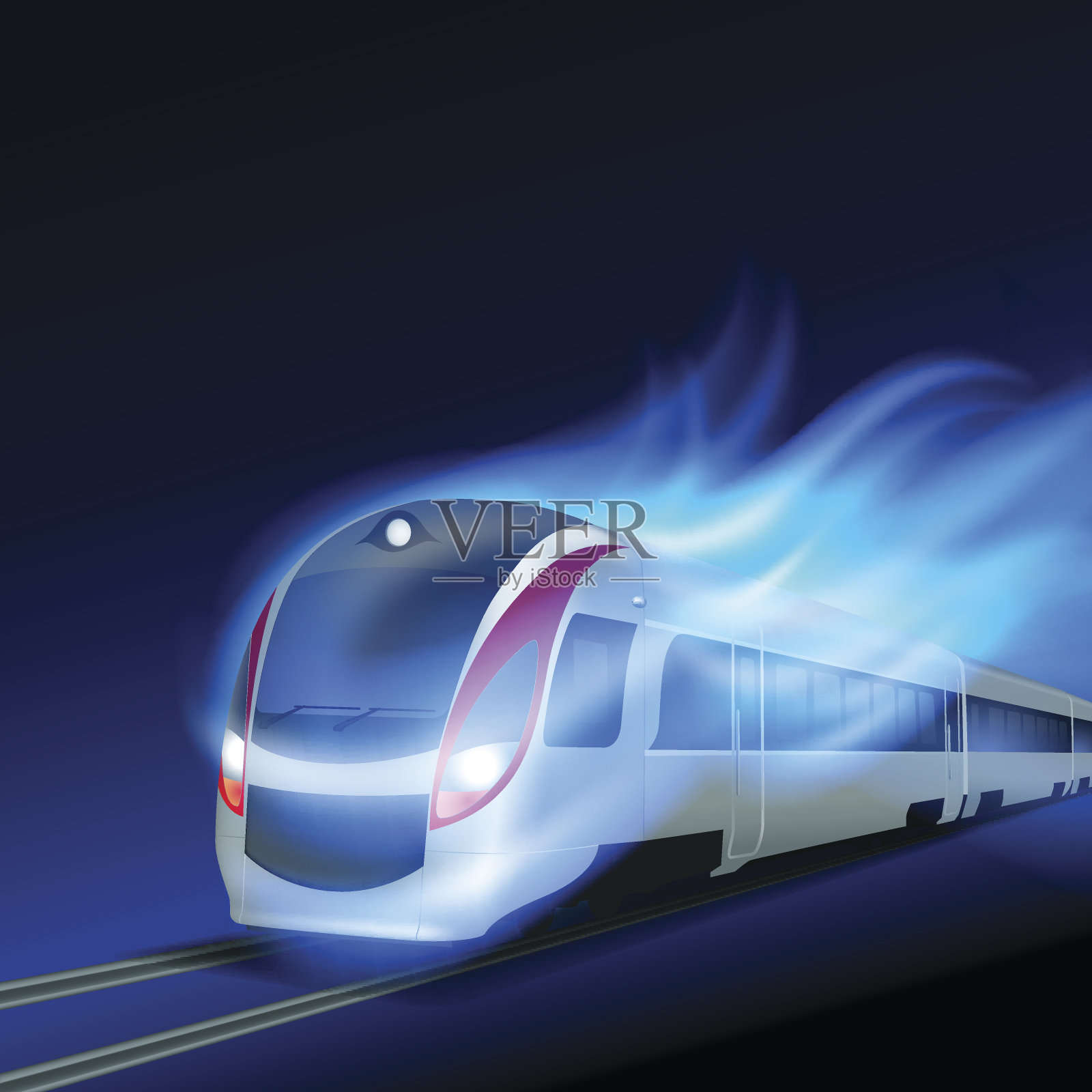高速列车在夜间燃烧蓝色火焰。插画图片素材