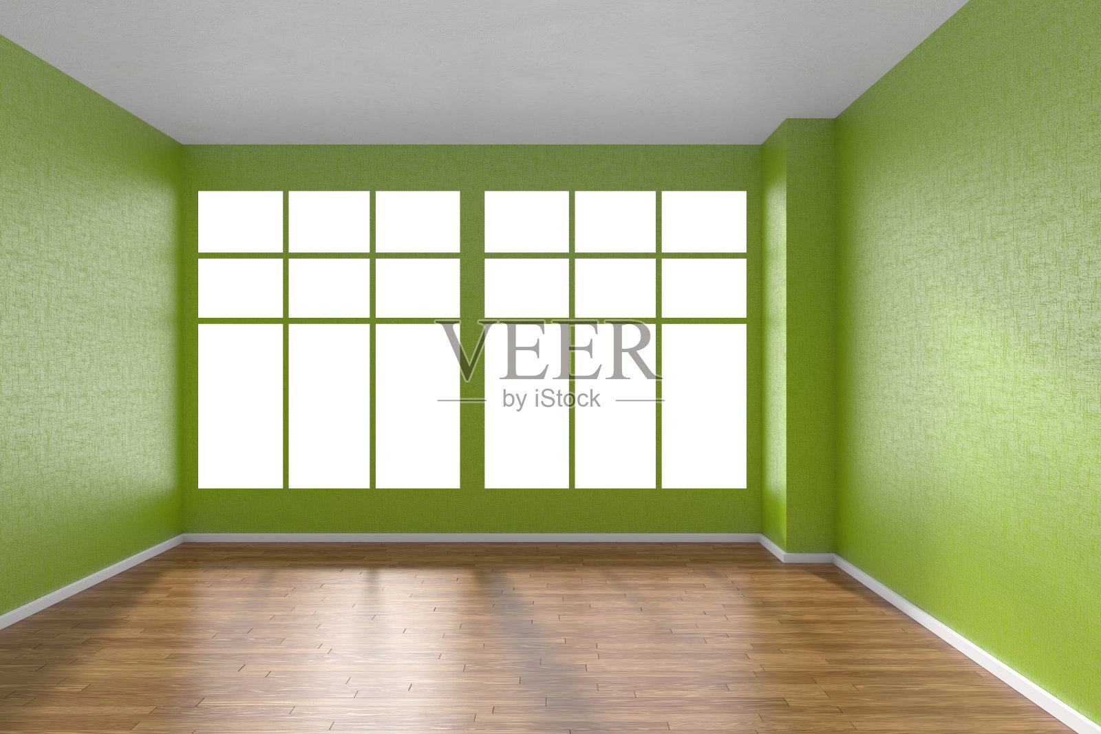 空房间，镶木地板，有纹理的绿色墙壁和窗户照片摄影图片