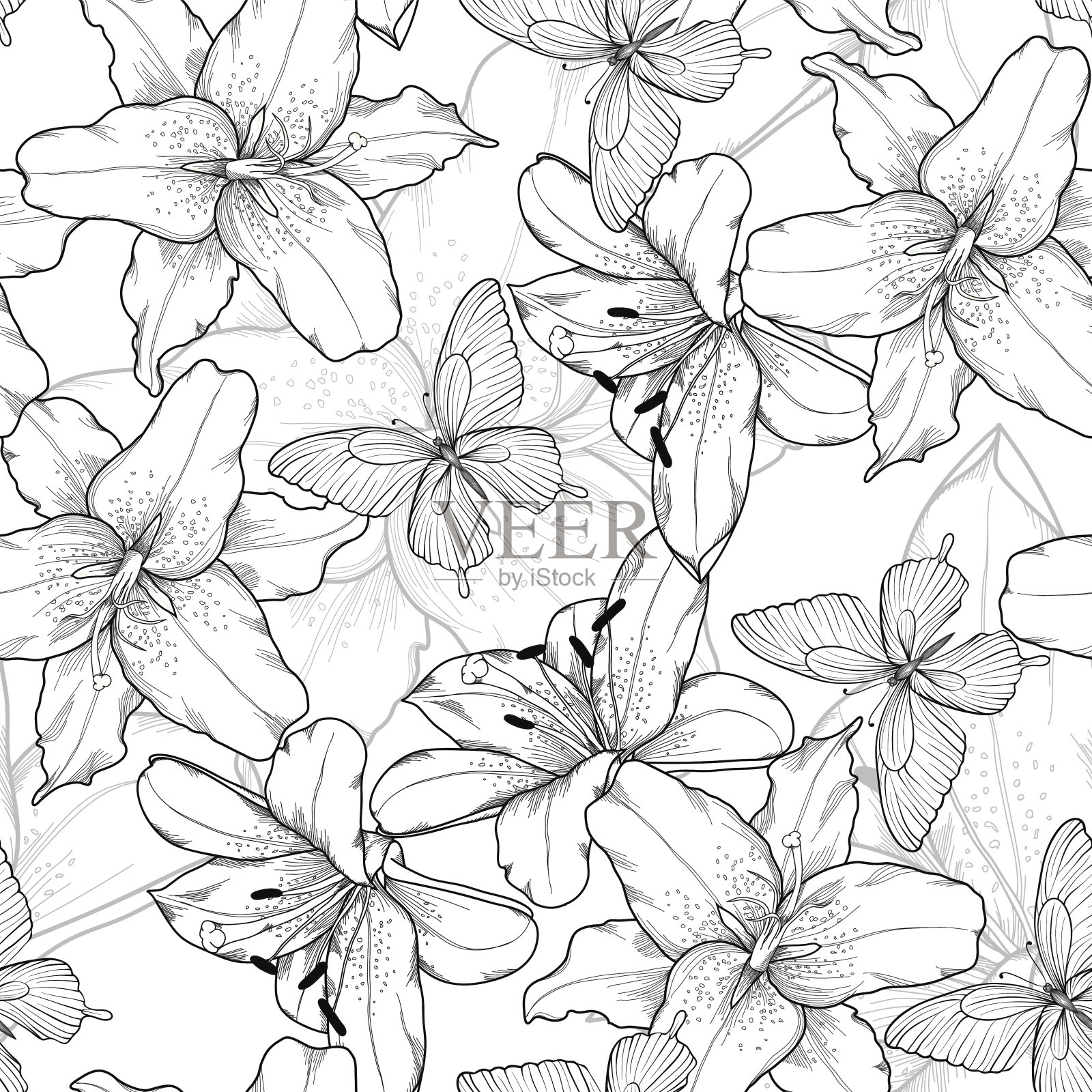 黑白无缝背景百合和蝴蝶。插画图片素材
