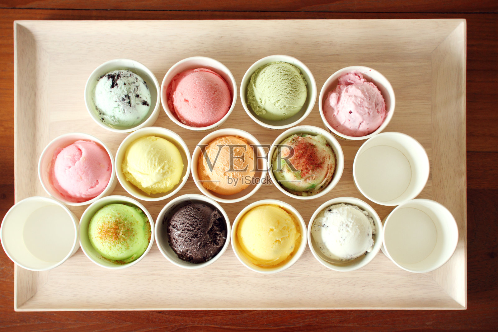 木制盘子上的甜冰淇淋勺照片摄影图片