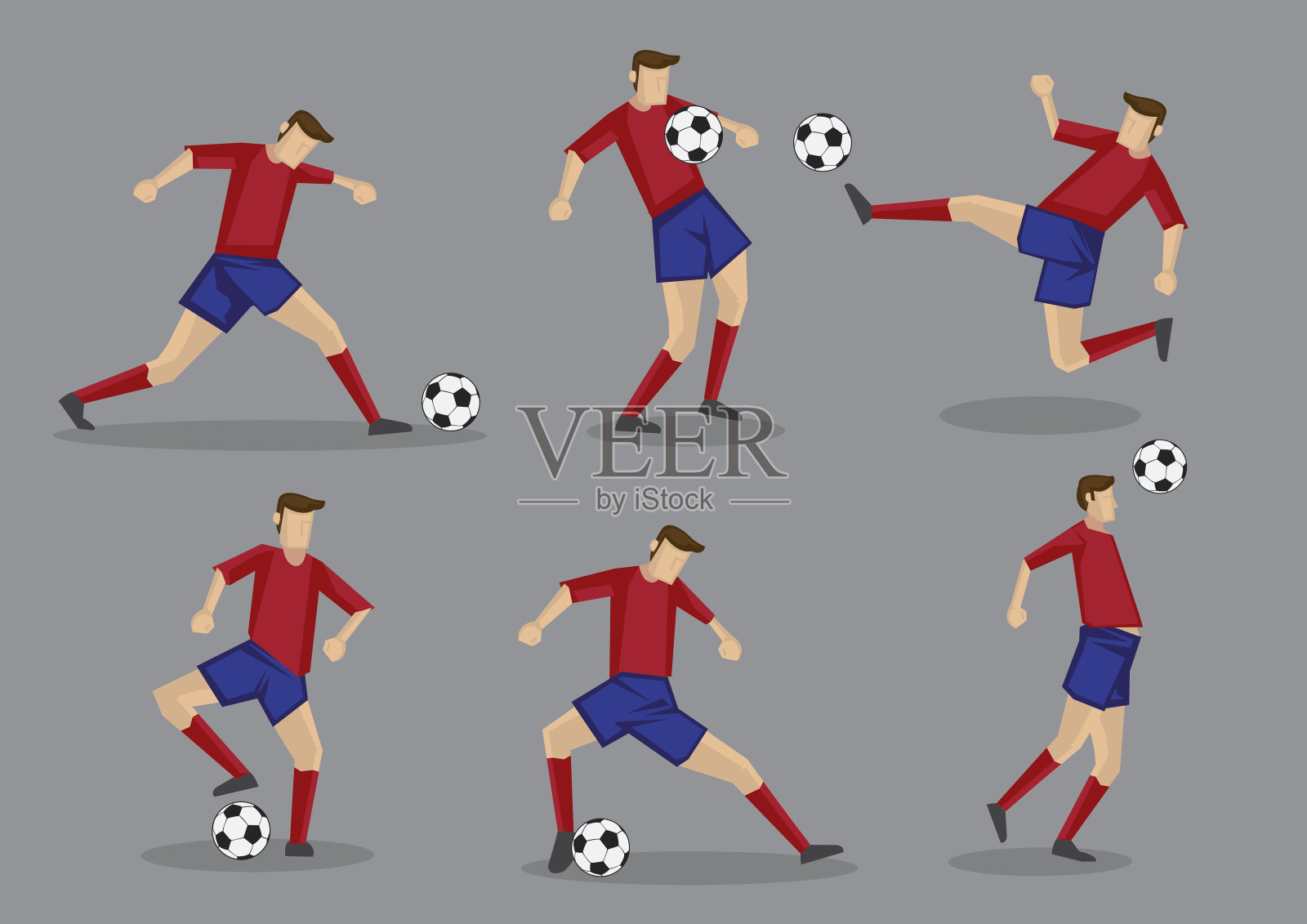 足球运动员踢，传球，头球和射门姿势插画图片素材