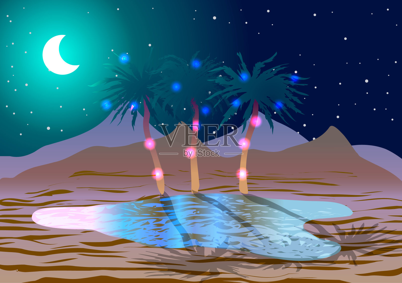 夜晚沙漠中的绿洲插画图片素材
