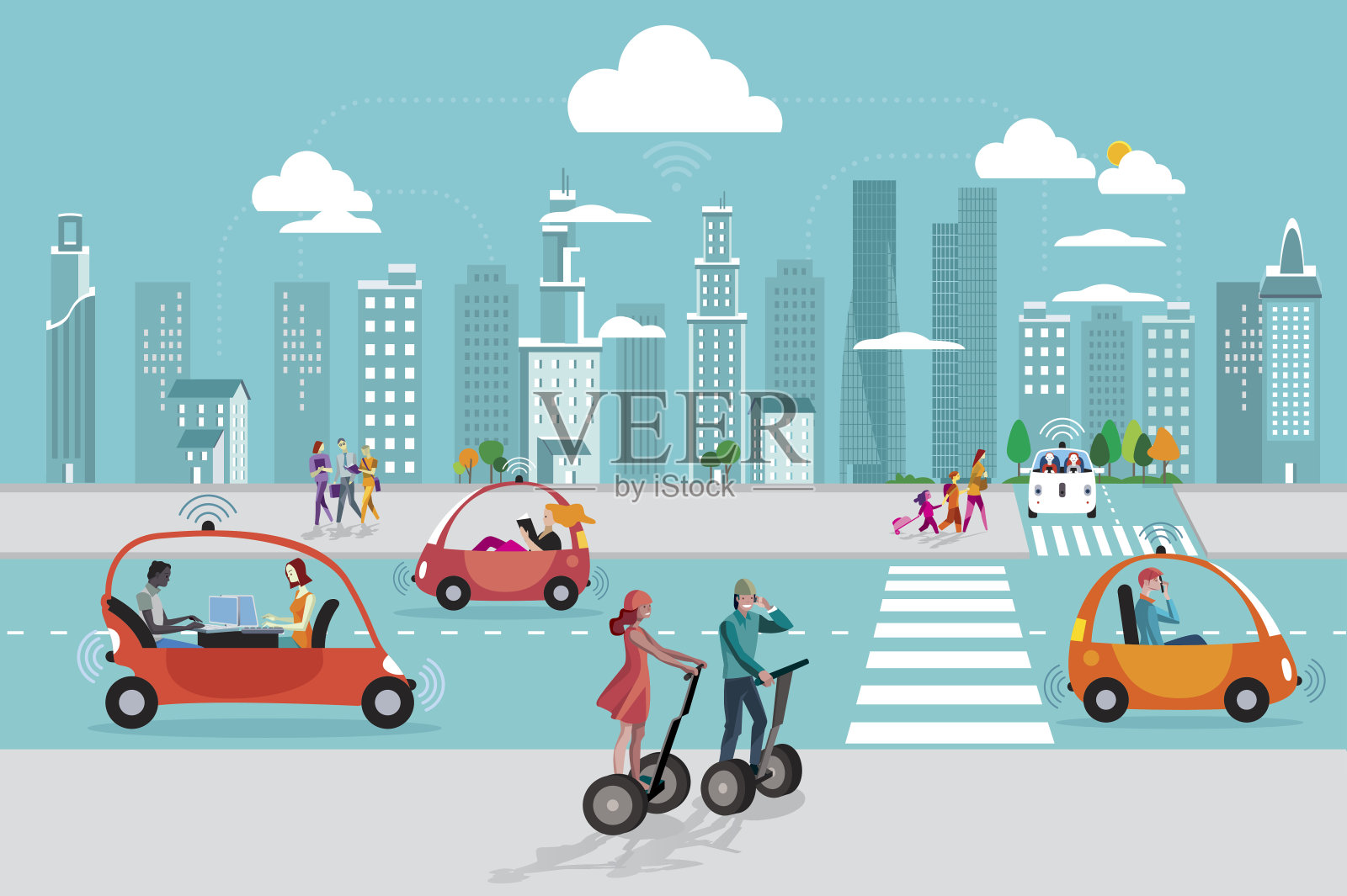 城市中的无人驾驶汽车插画图片素材