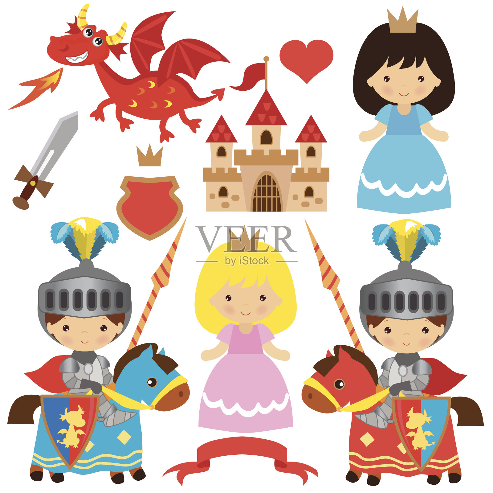 中世纪骑士，公主和龙矢量插图插画图片素材