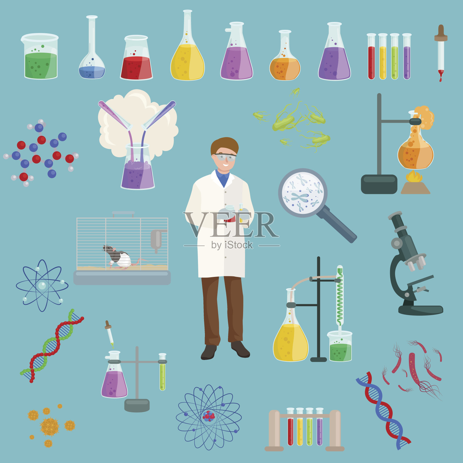化学和医学实验室设备图标设置，工具矢量。插画图片素材