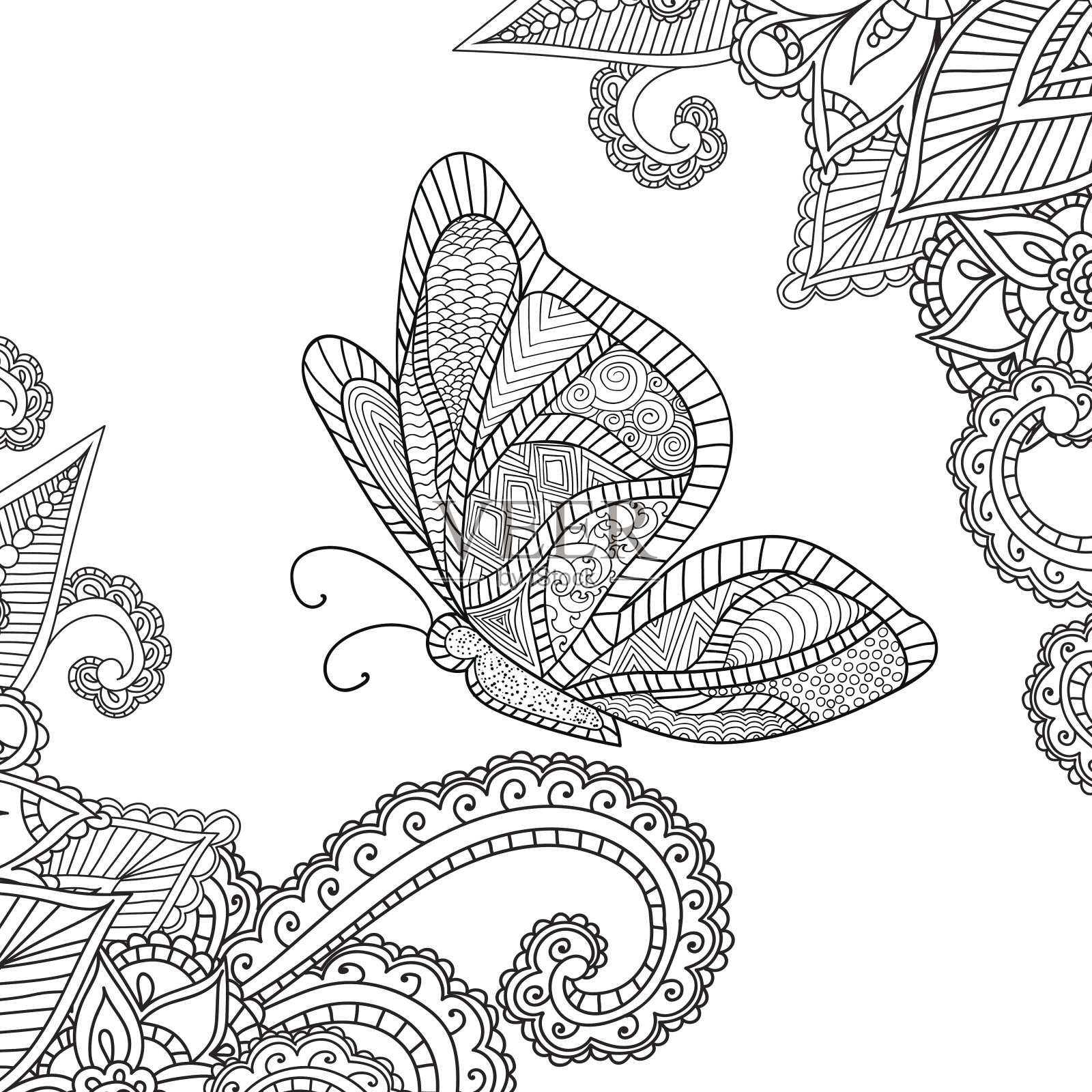 为成人涂色页面。指甲花图案:抽象的花卉元素插画图片素材