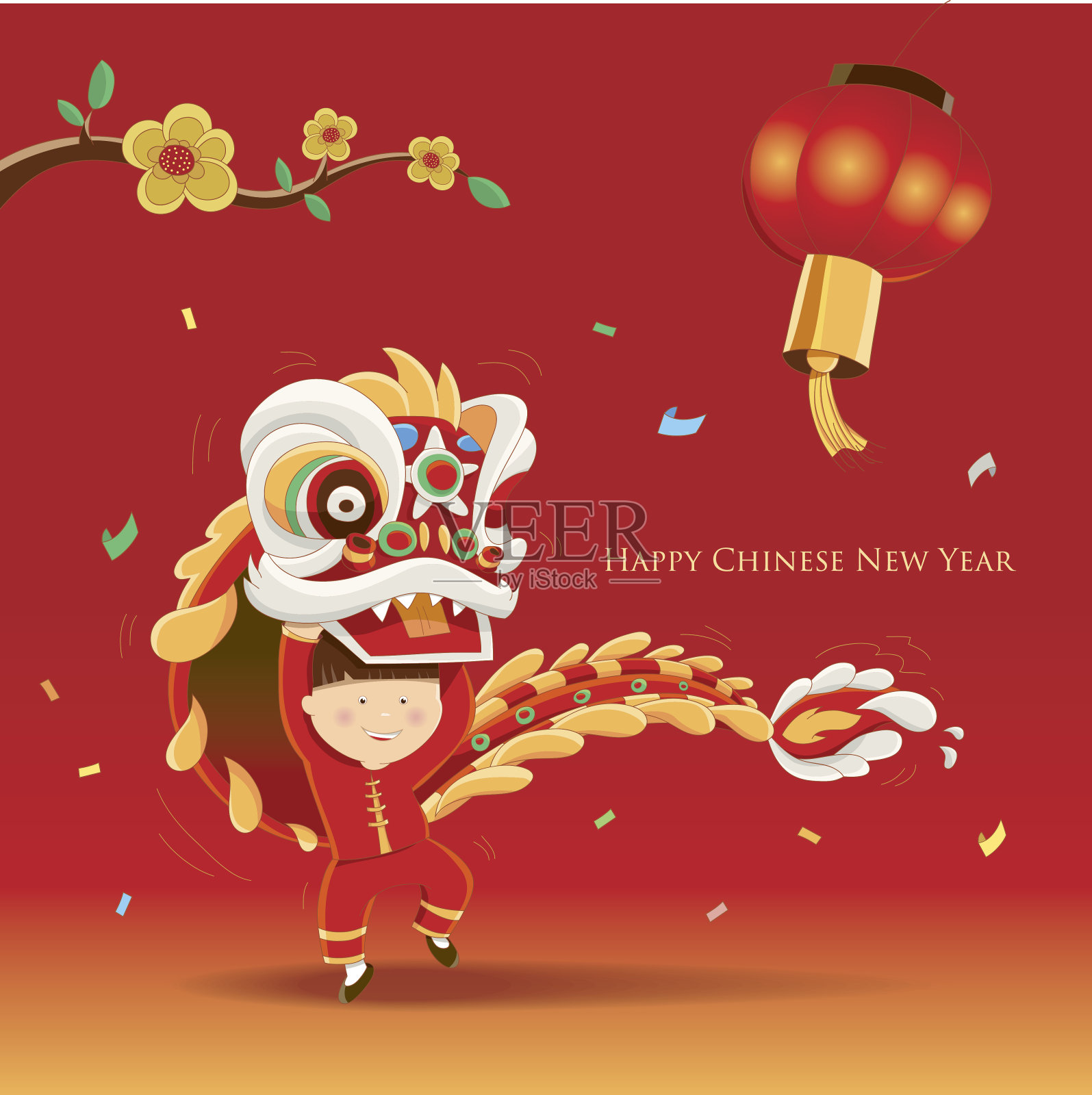 舞狮新年快乐插画图片素材