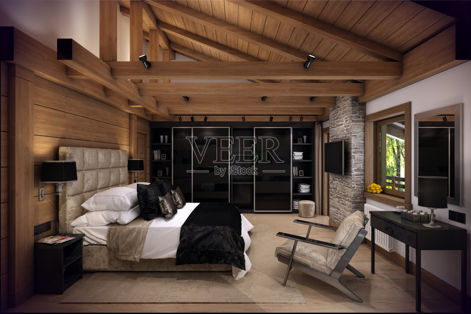 在山上的3D渲染卧室房子照片摄影图片