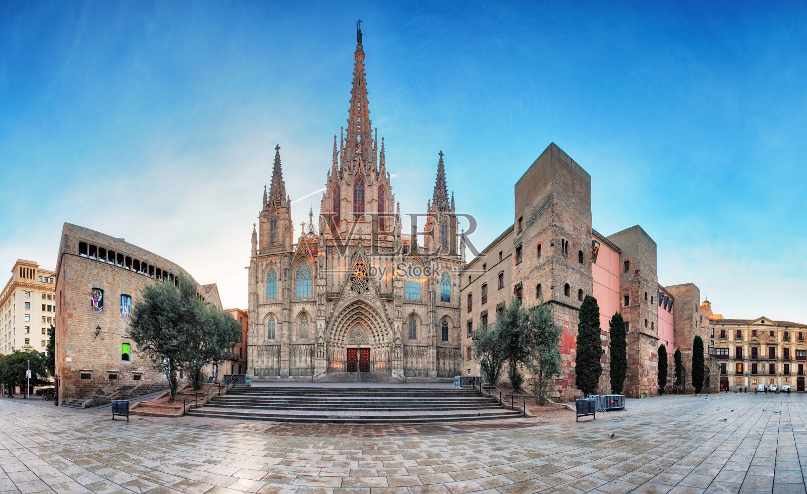 巴塞罗那大教堂全景图。西班牙。擅长哥特式照片摄影图片