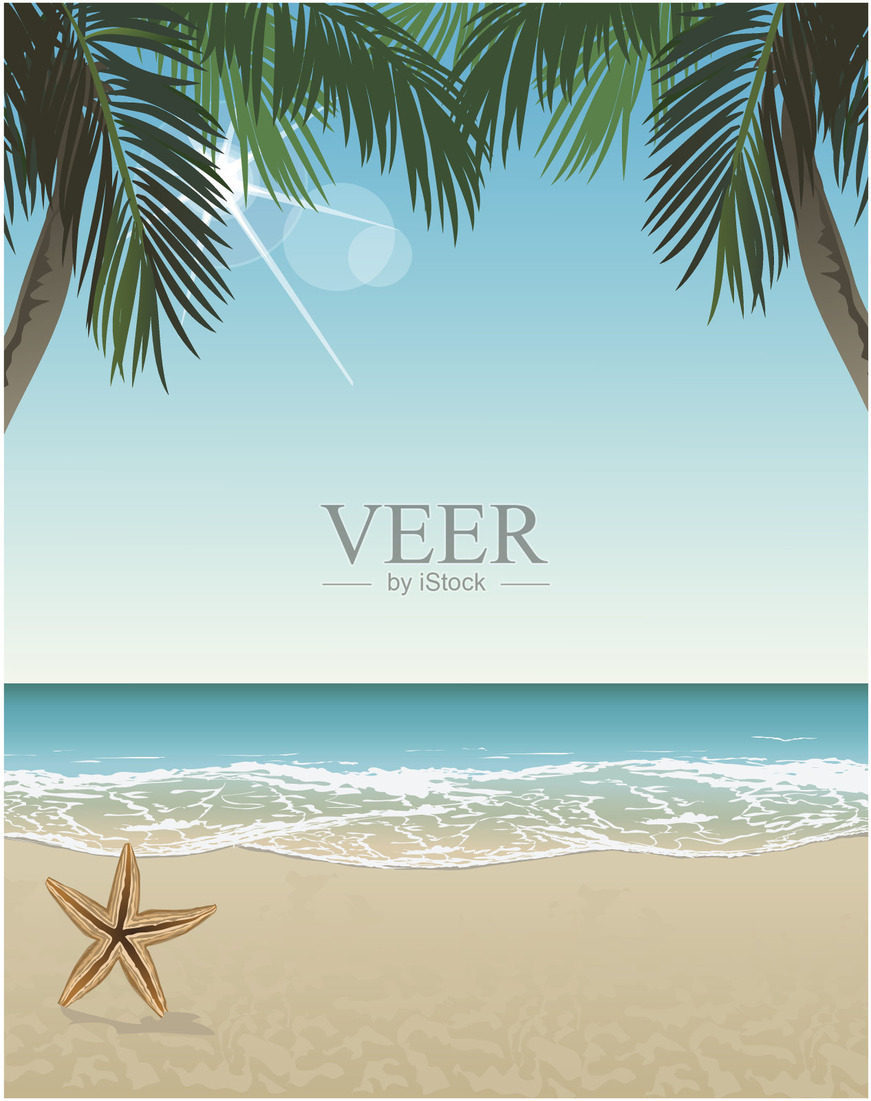 矢量海边视图海报与热带海滩和棕榈树插画图片素材