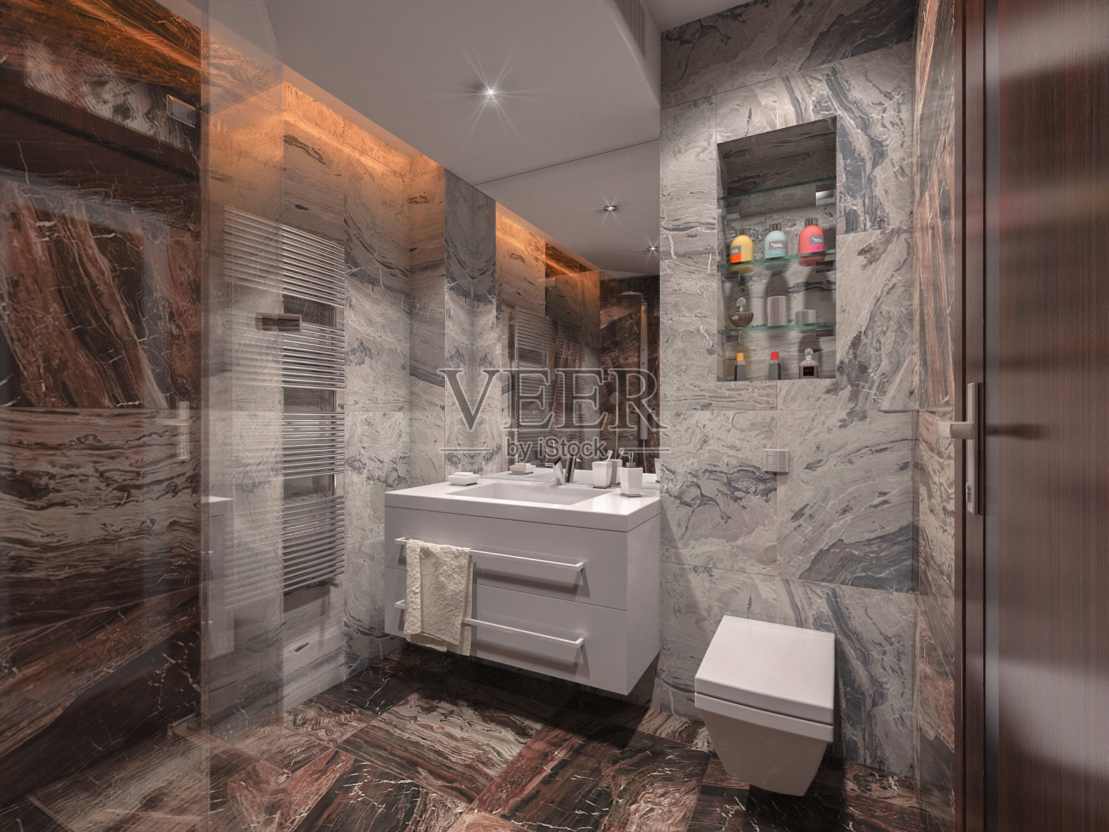 浴室在灰色和棕色的石头与白色浴室照片摄影图片