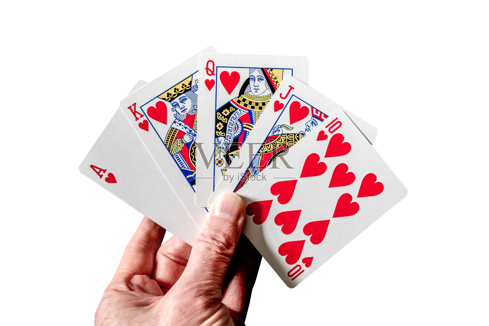 皇家同花顺扑克手牌孤立在白色照片摄影图片