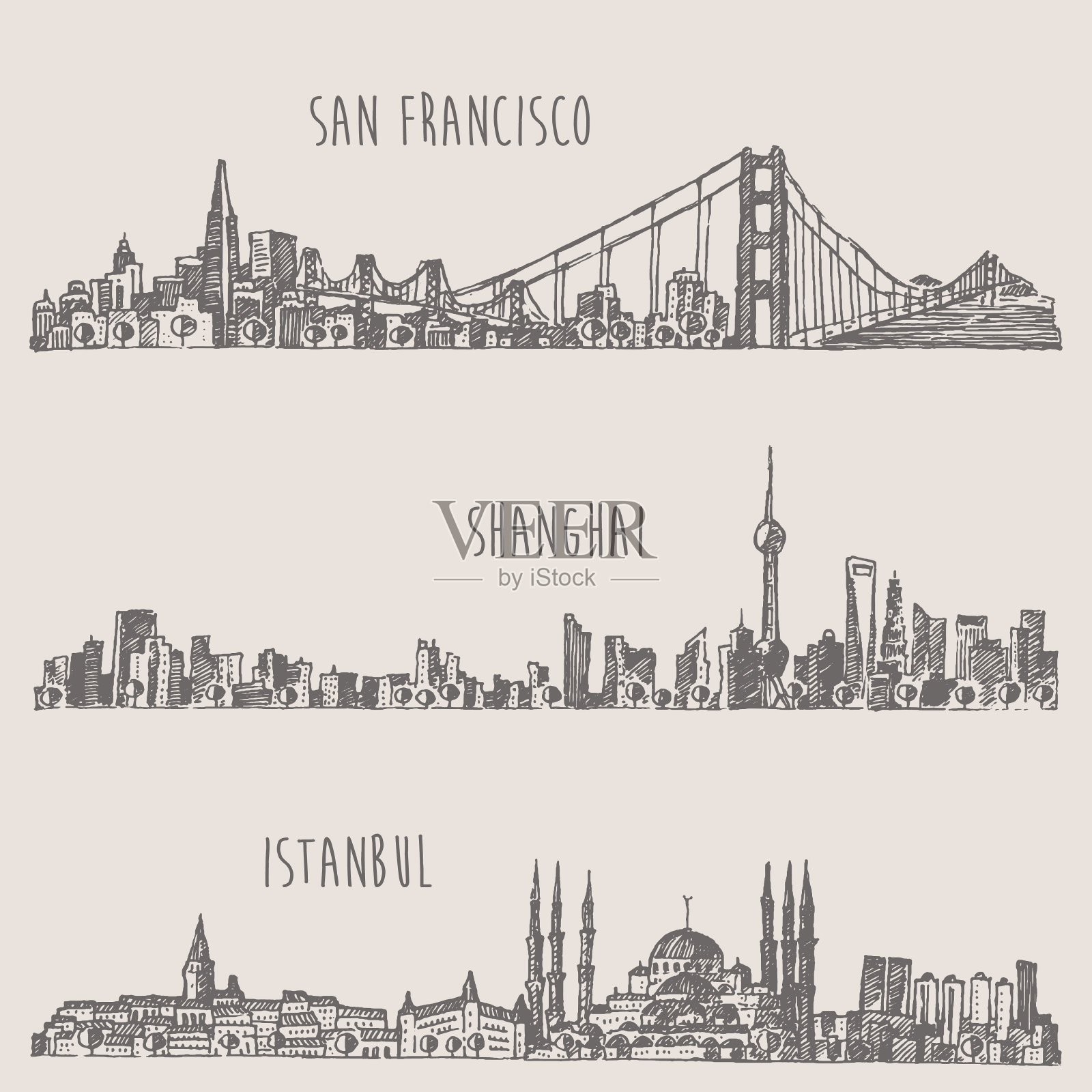 上海伊斯坦布尔旧金山城市素描插画图片素材