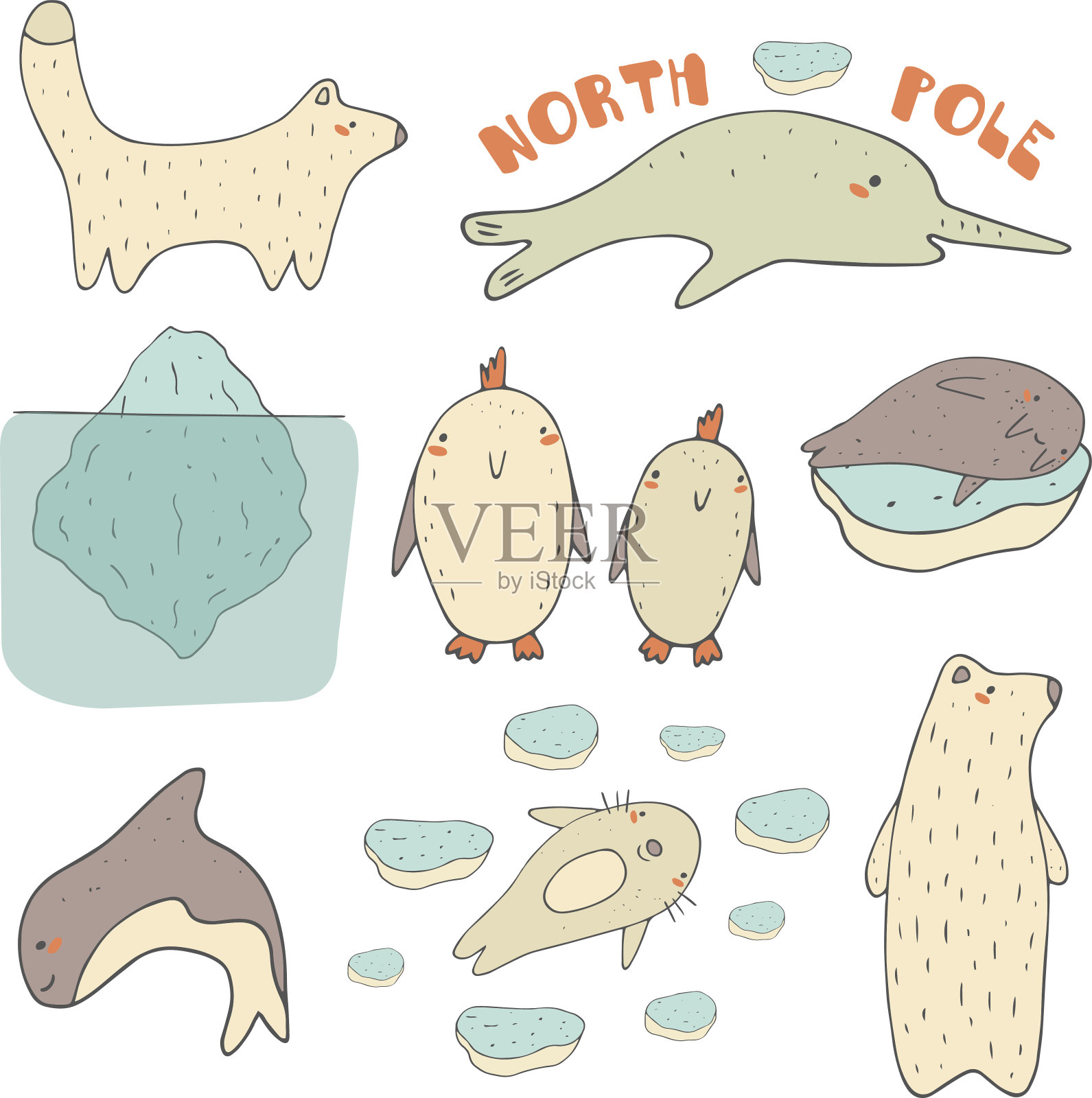可爱的手绘涂鸦北极，南极，北极动物插画图片素材
