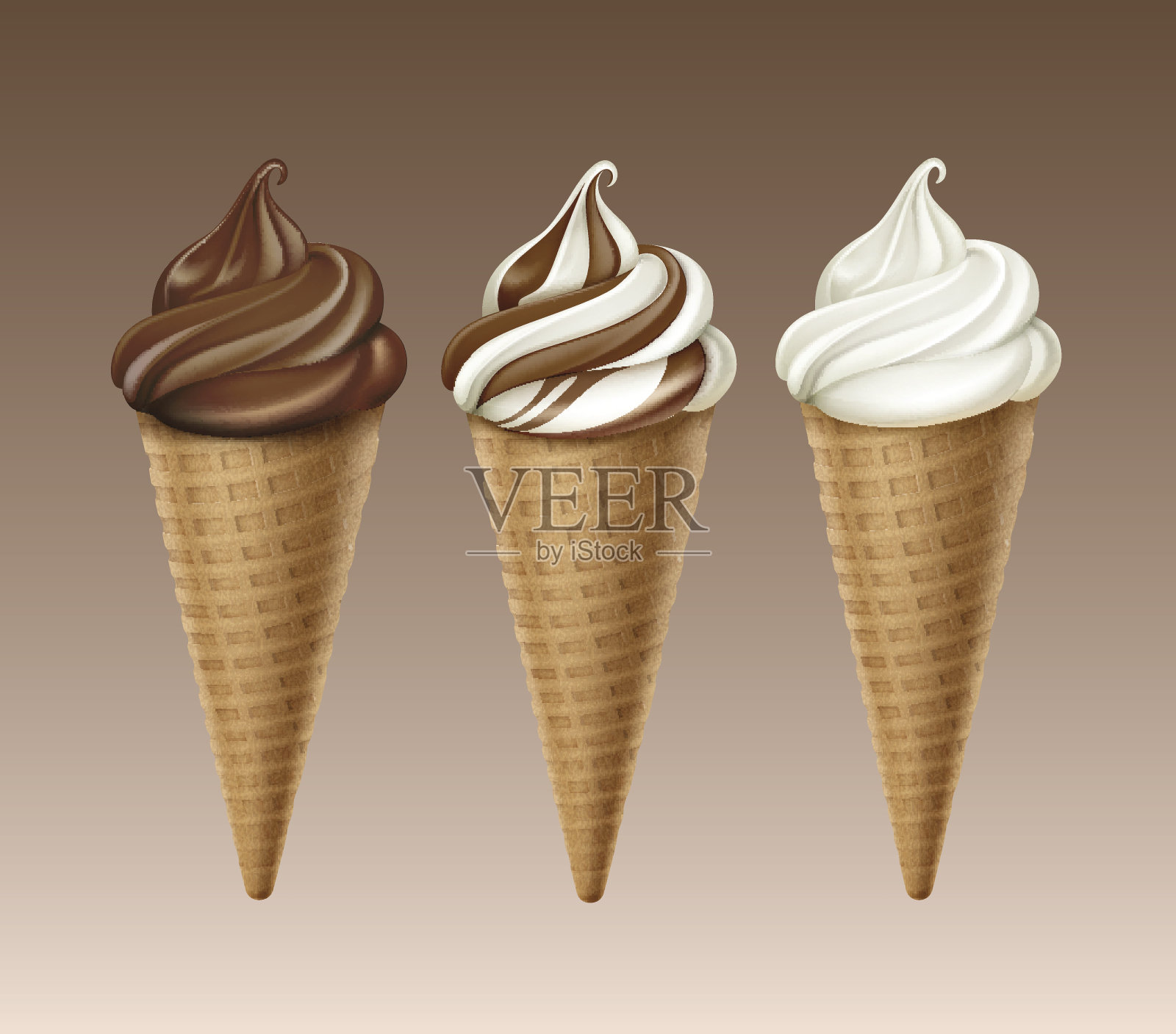 一套巧克力白软冰淇淋华夫蛋筒设计元素图片
