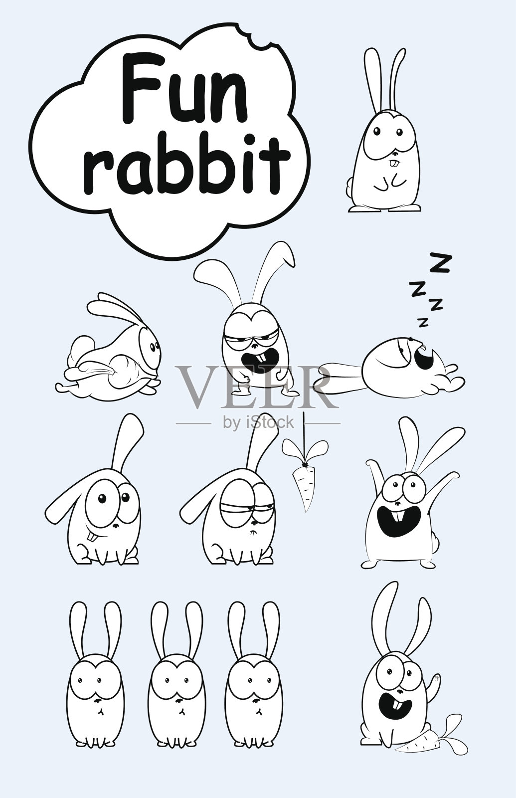 一组可爱的兔子在浅蓝色的背景设计元素图片