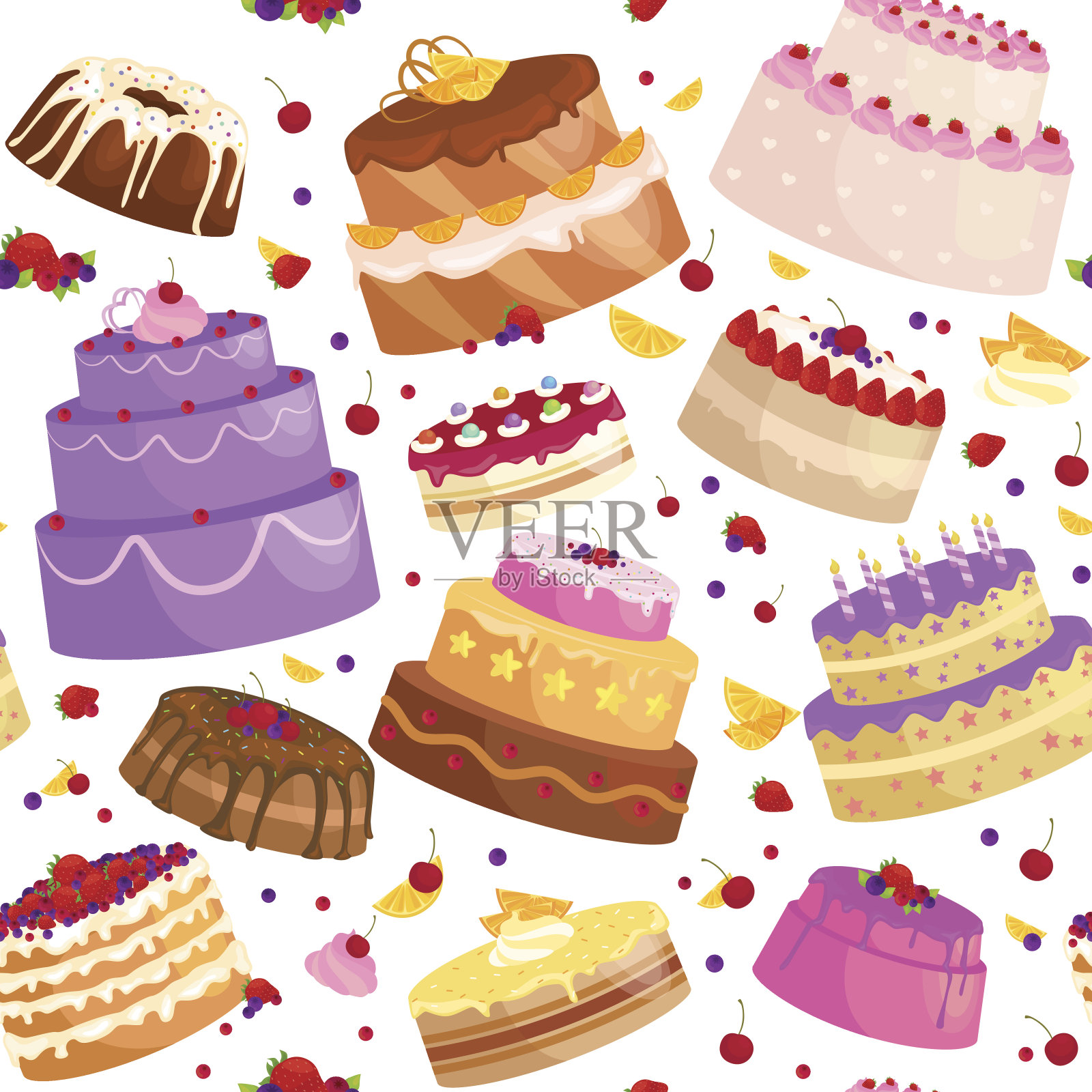 矢量蛋糕图标设置，生日食品，甜甜点，孤立的插图。设计元素图片