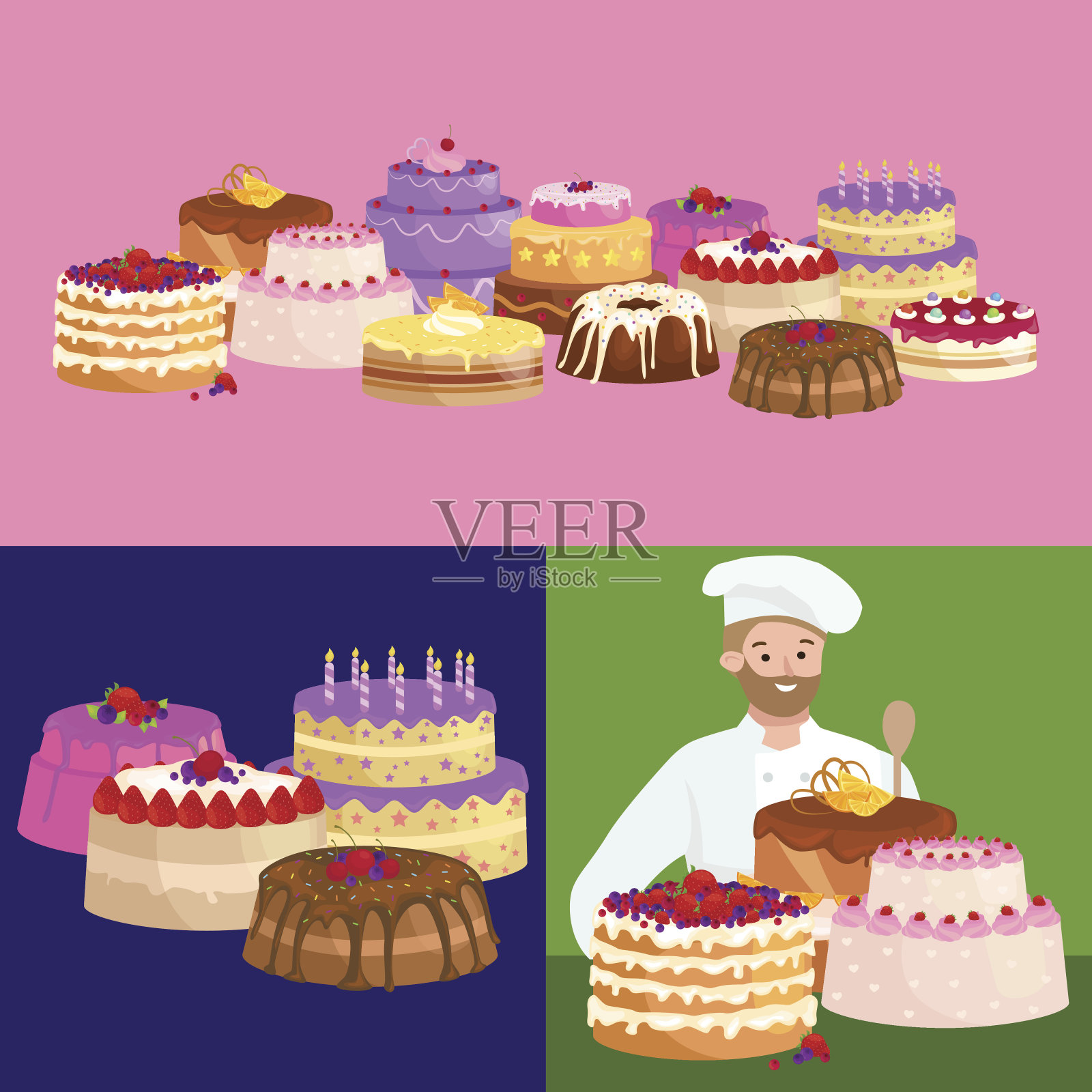 糕点师厨师厨师卡通人物与蛋糕。矢量插图集插画图片素材