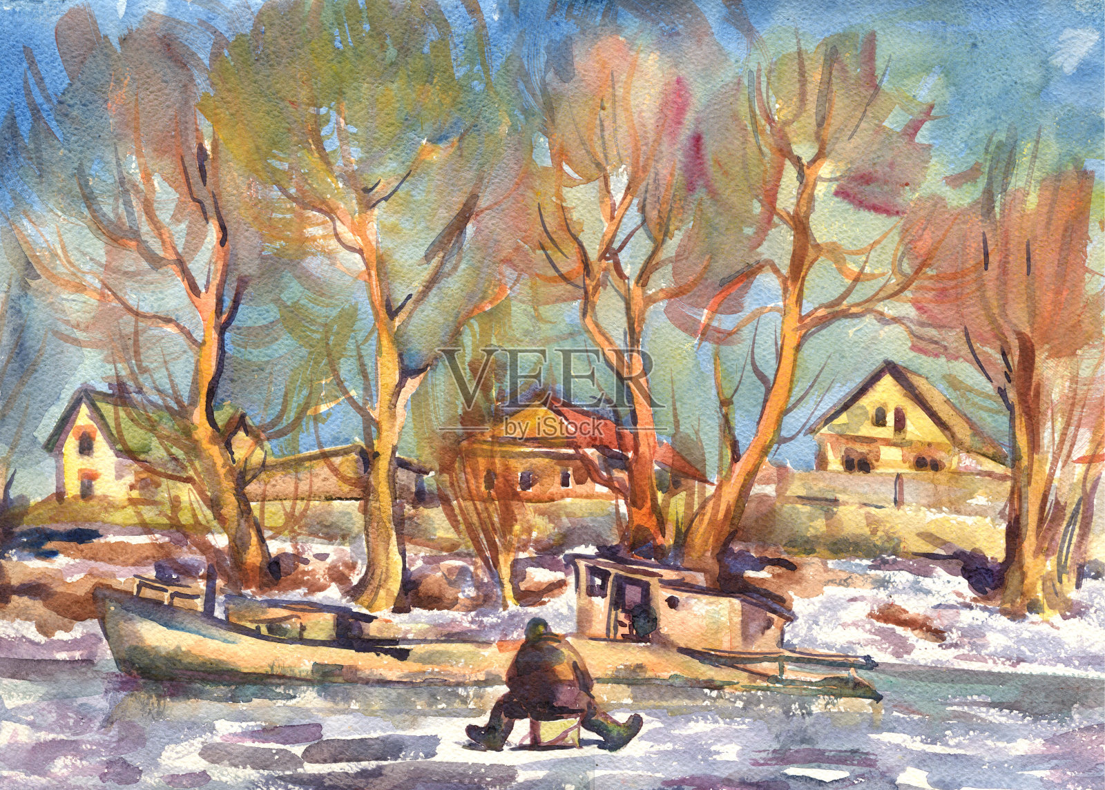冬季山水与渔夫，绘画，水彩画插画图片素材