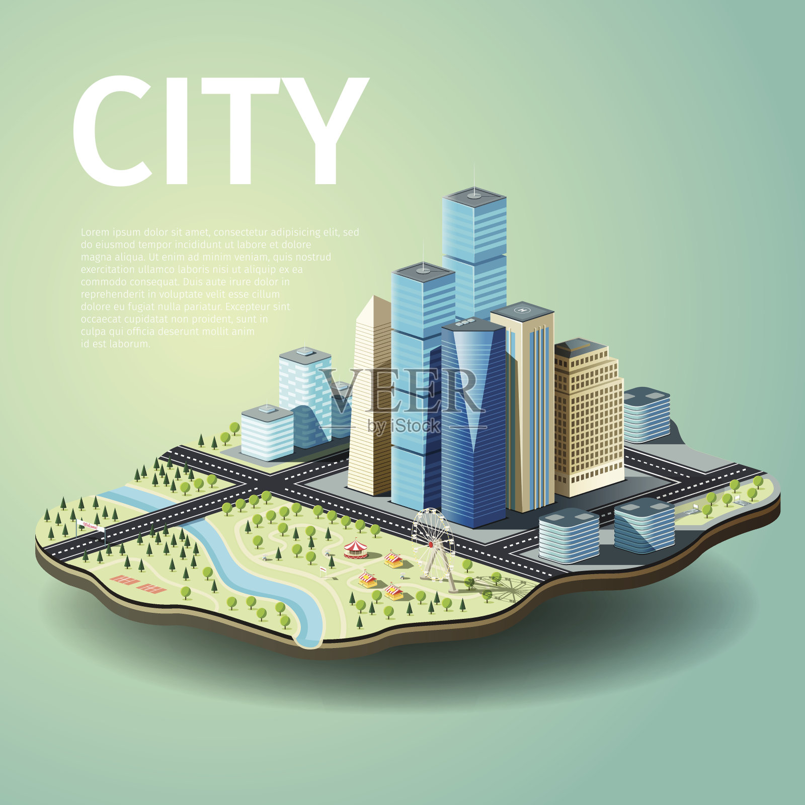 城市与摩天大楼和游乐园的矢量插图插画图片素材