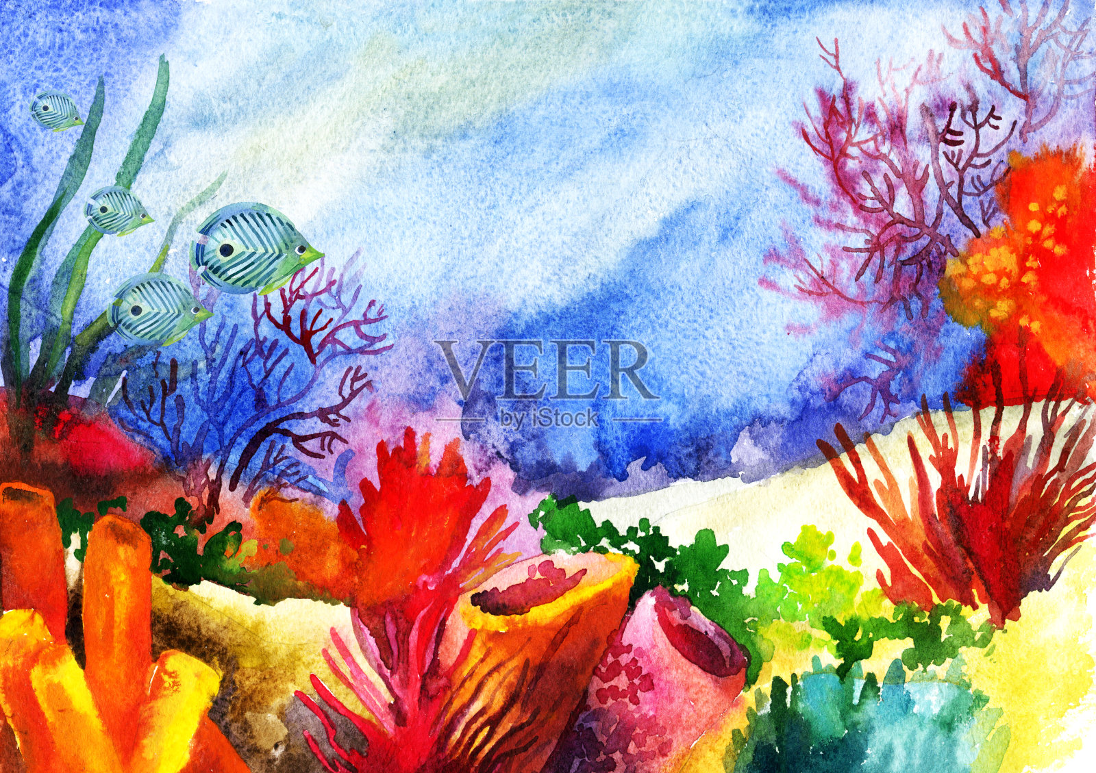 水下景观与珊瑚礁水彩画。插画图片素材