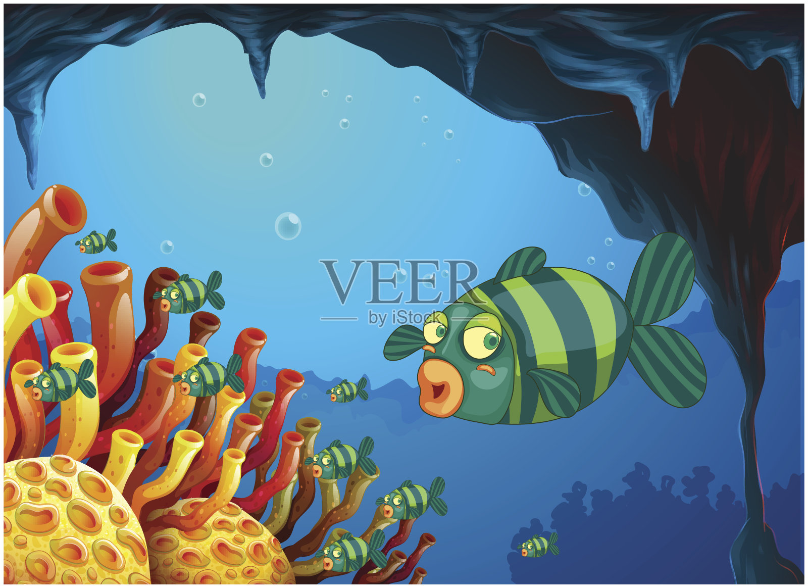 海底的一群条纹鱼插画图片素材