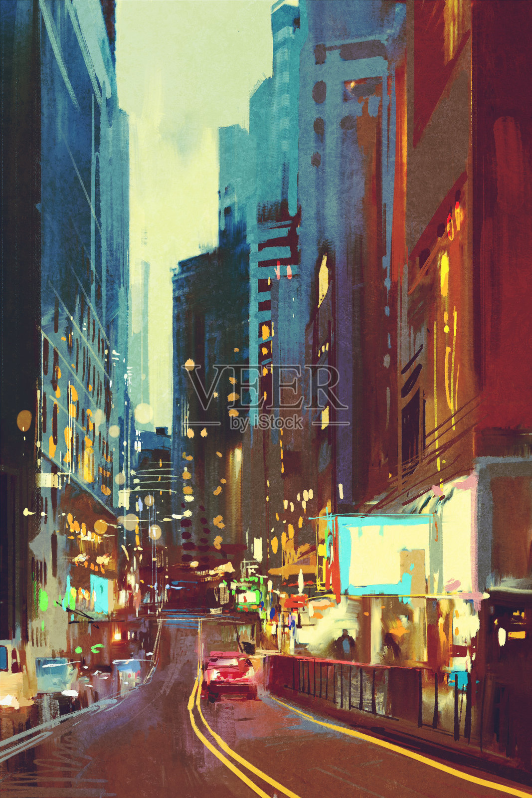 现代城市的街道，傍晚灯火辉煌插画图片素材