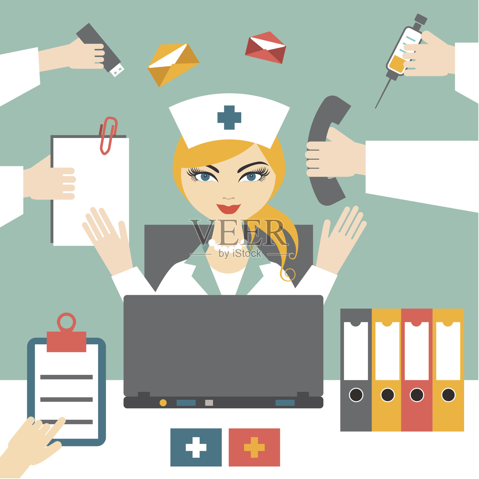 多任务女护士努力工作。繁忙的医疗的女人。平面设计。插画图片素材