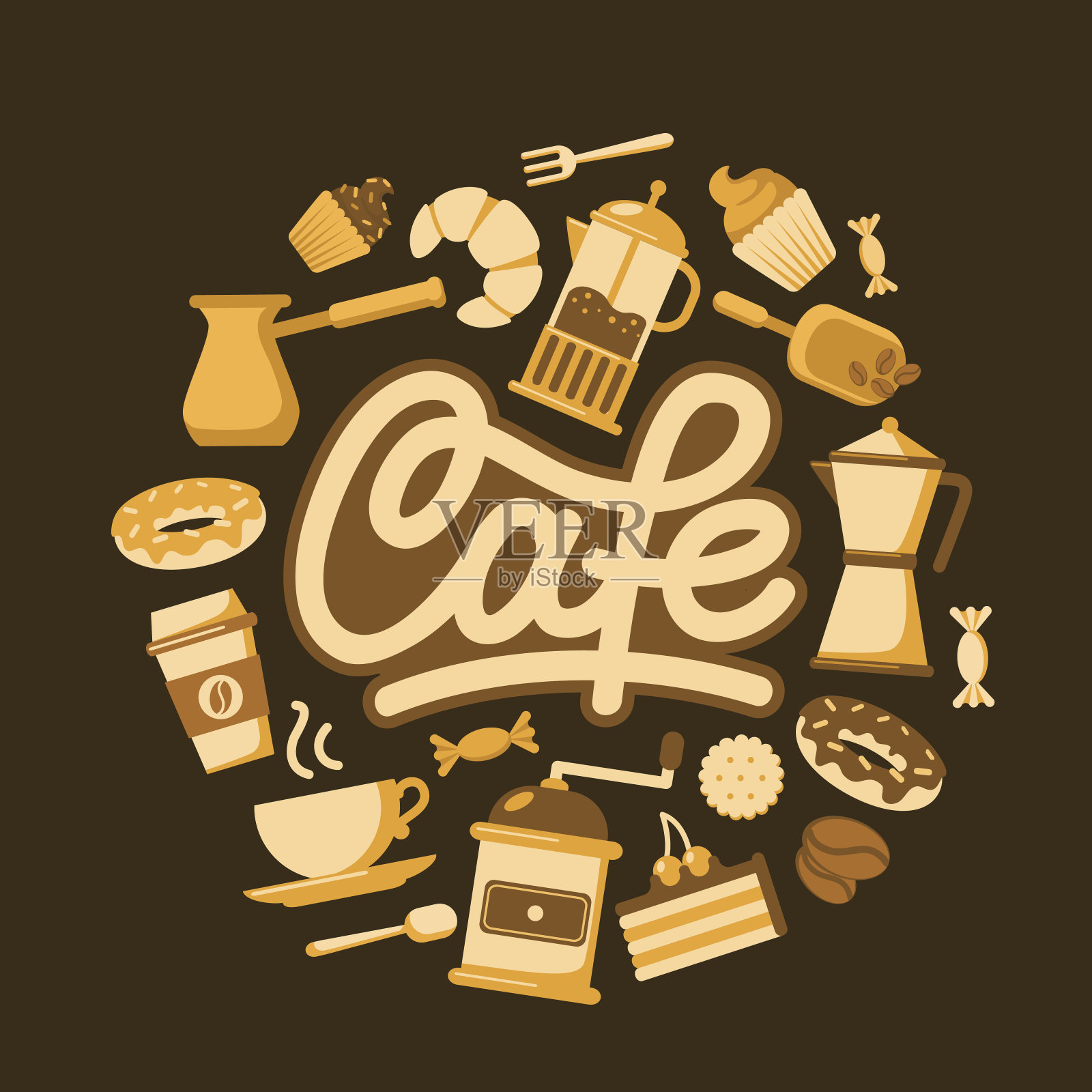 圆形的咖啡制作工具和小吃。插画图片素材