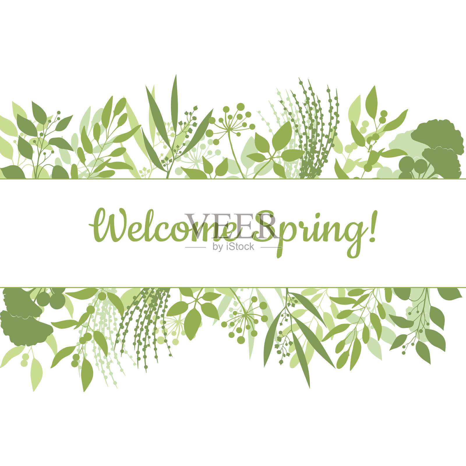 欢迎春天的绿卡设计文字在花架插画图片素材