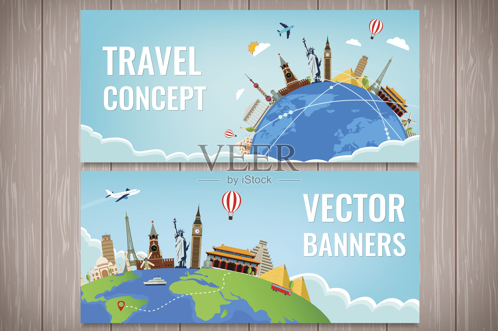 旅游作文与著名的世界地标。旅行和旅游。设计模板素材