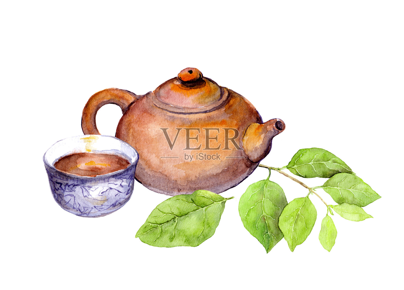 日本古董茶壶、茶杯和绿叶。水彩插画图片素材