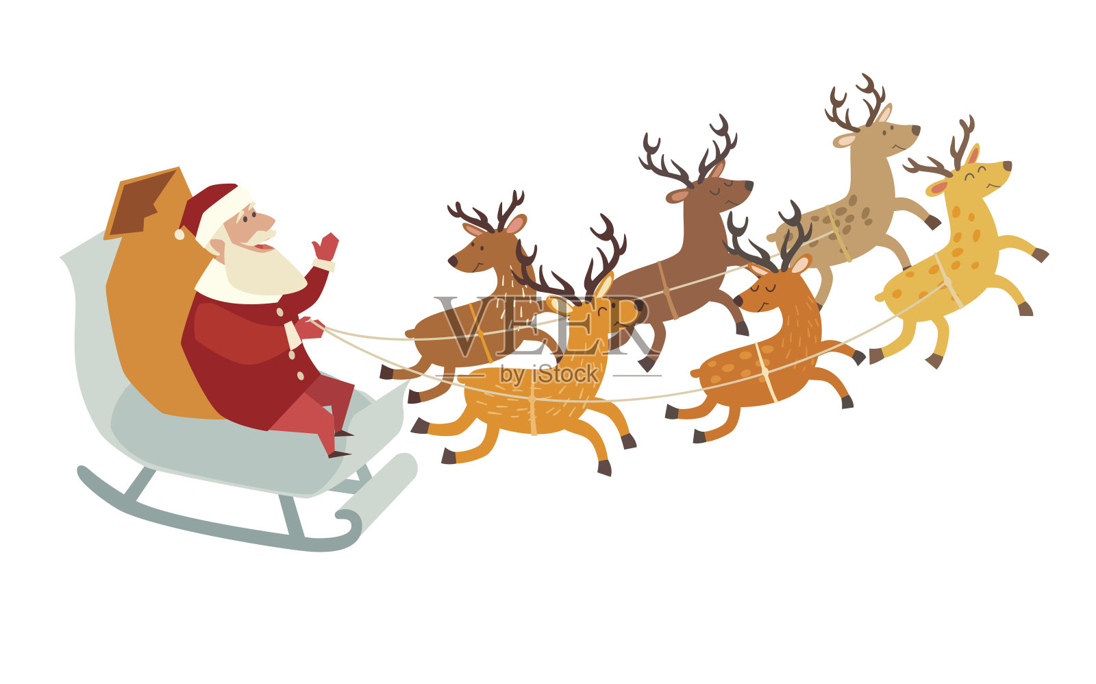 圣诞老人带着小鹿，过圣诞节。圣诞老人驾驶雪橇设计元素图片