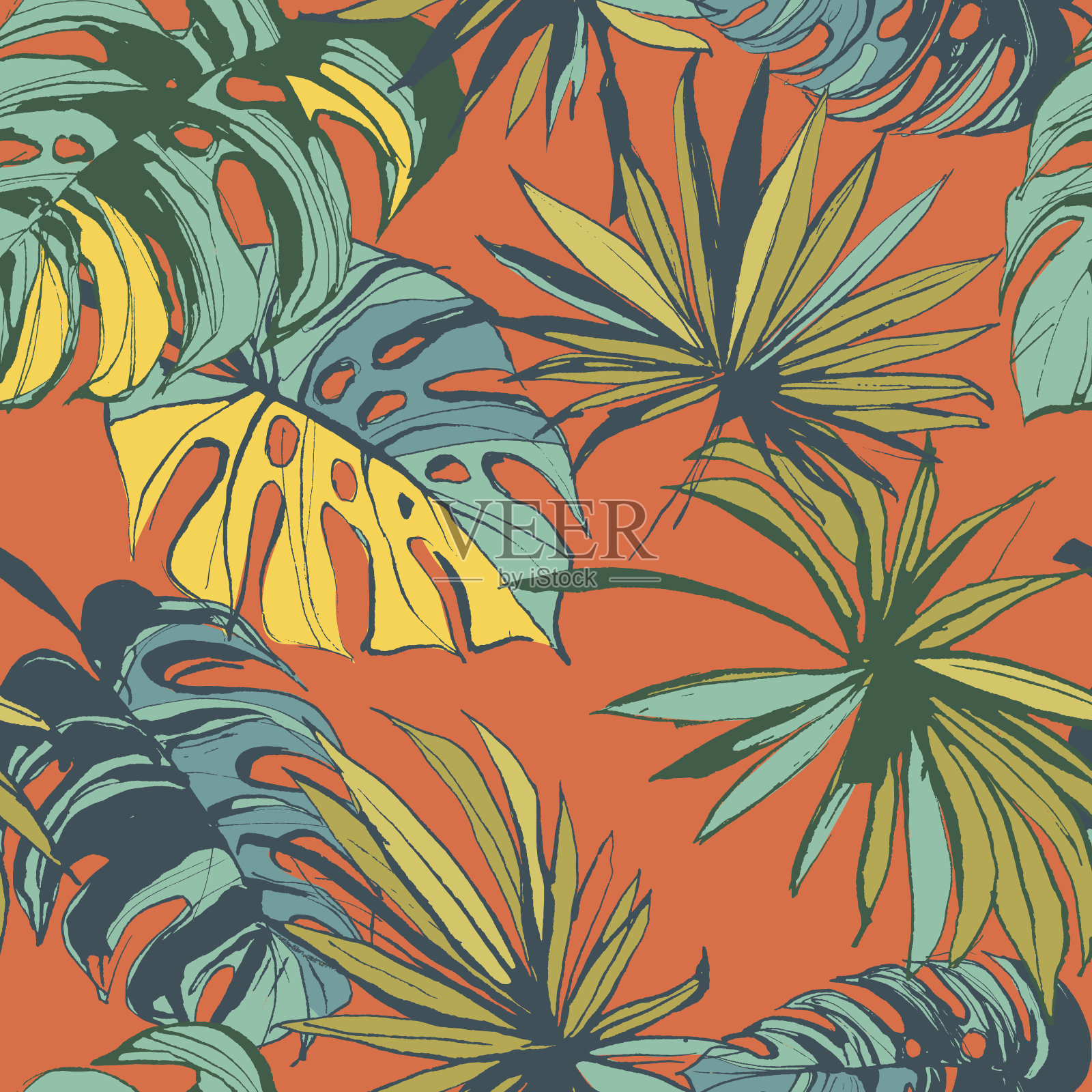 热带丛林花卉无缝图案背景与棕榈树插画图片素材