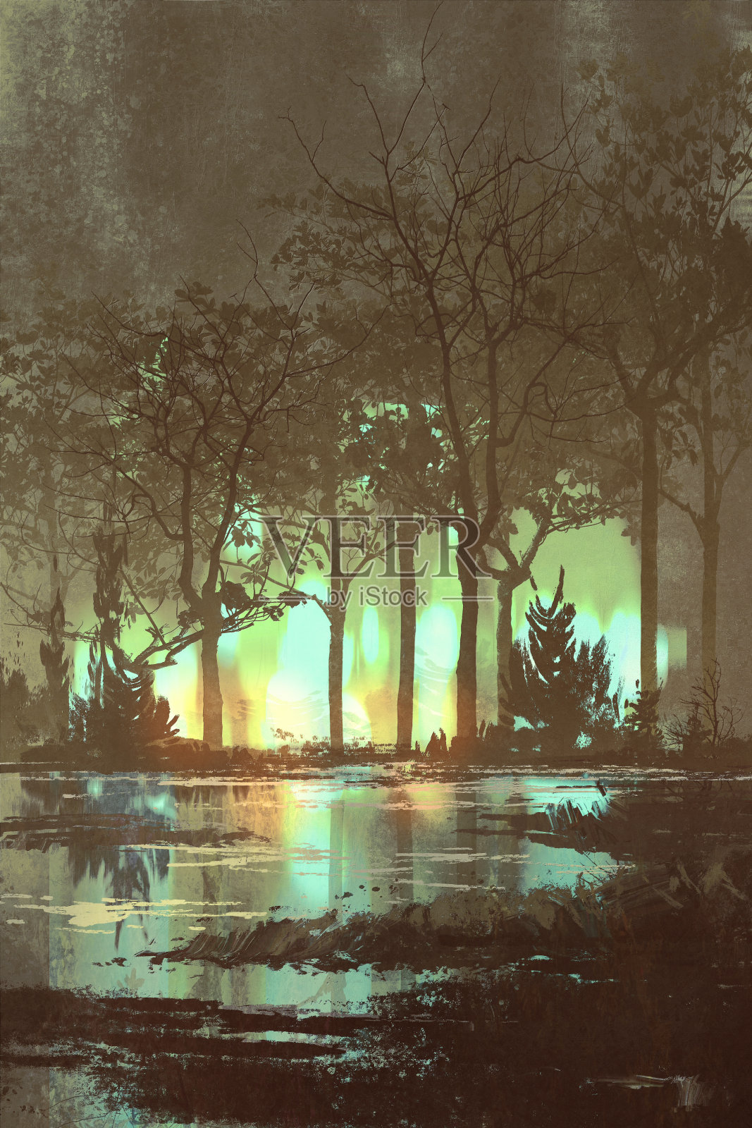 神秘的黑暗森林在夜晚有神秘的光插画图片素材
