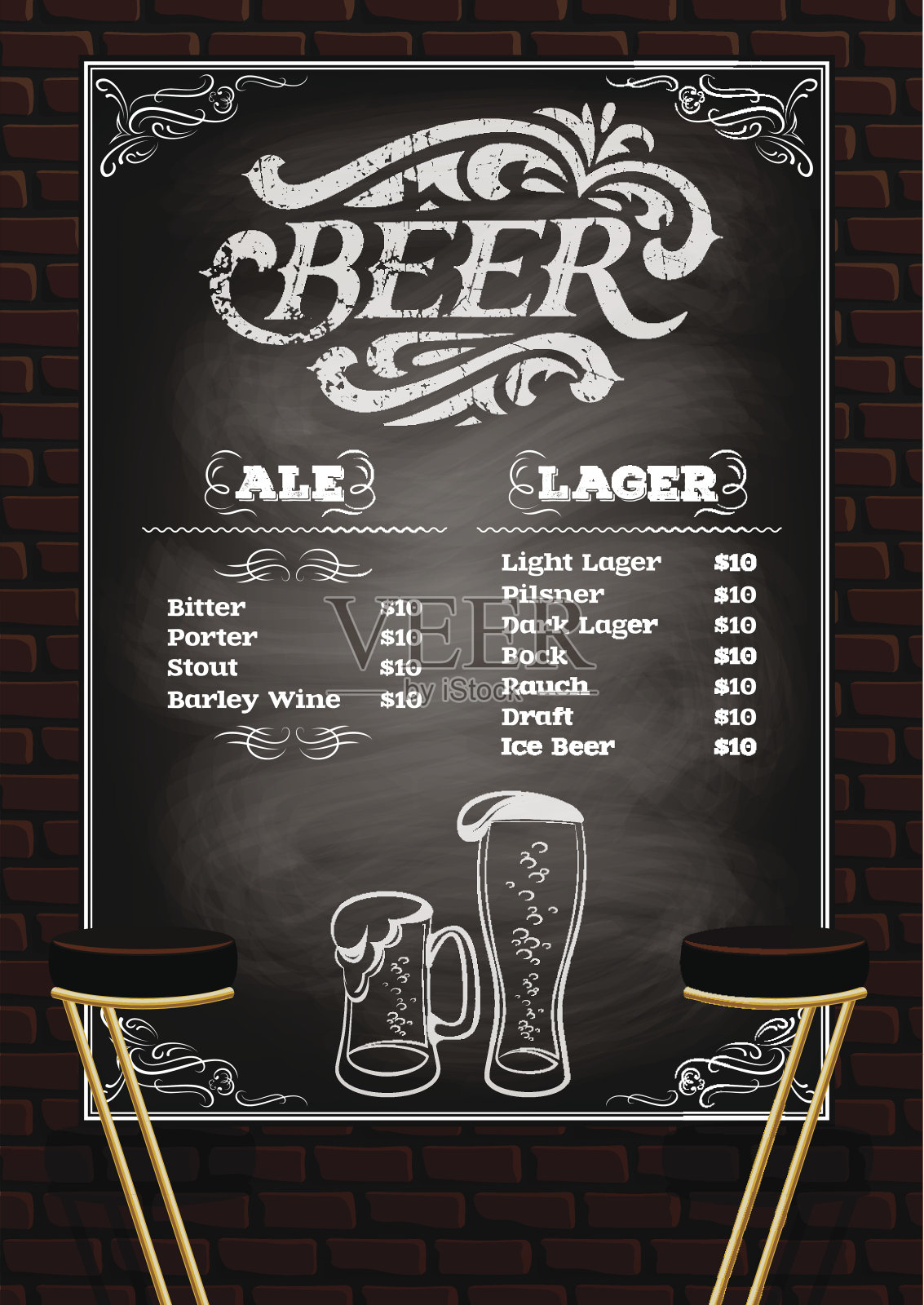啤酒菜单上的砖墙背景插画图片素材