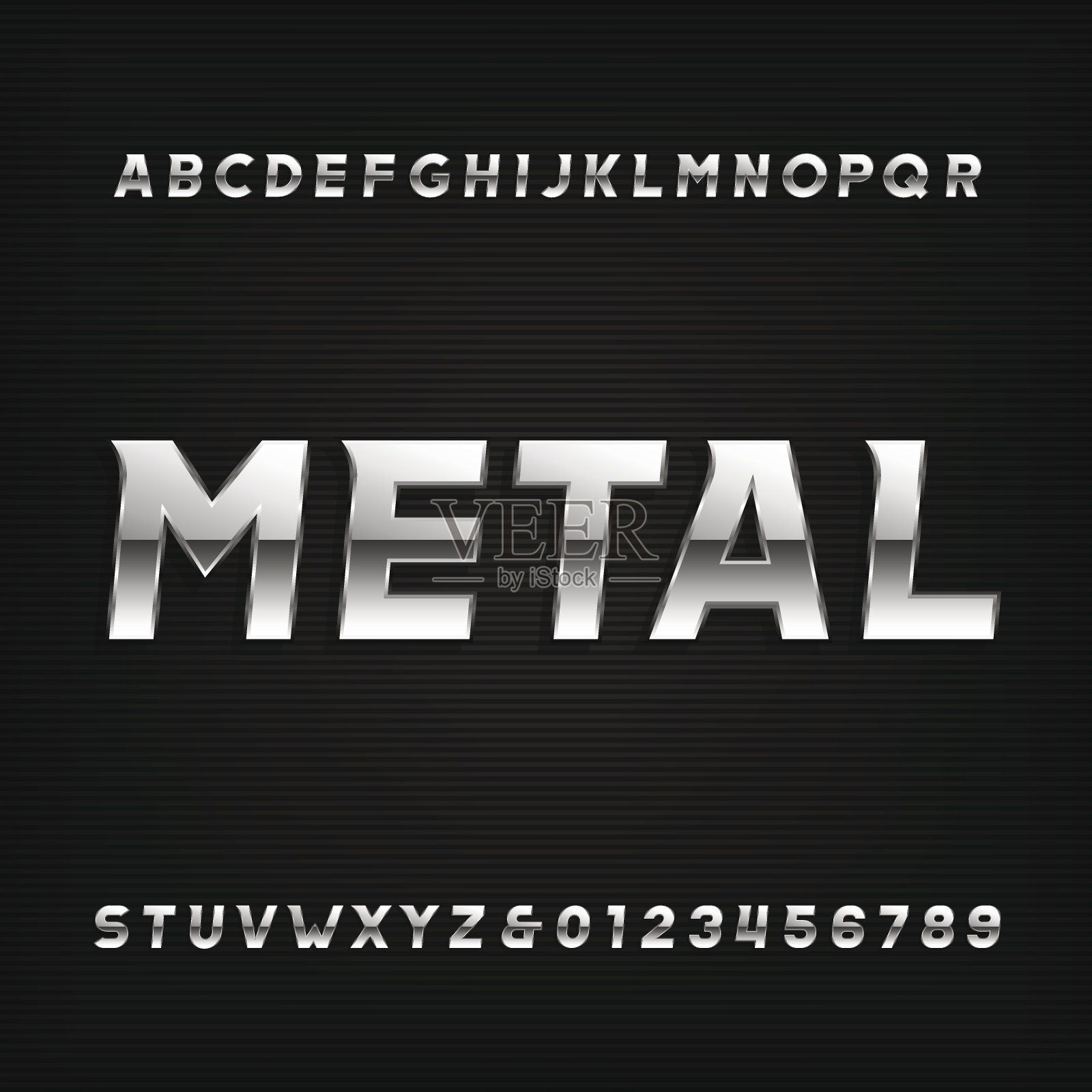 金属字母字体。斜字母和数字镀铬效果。插画图片素材