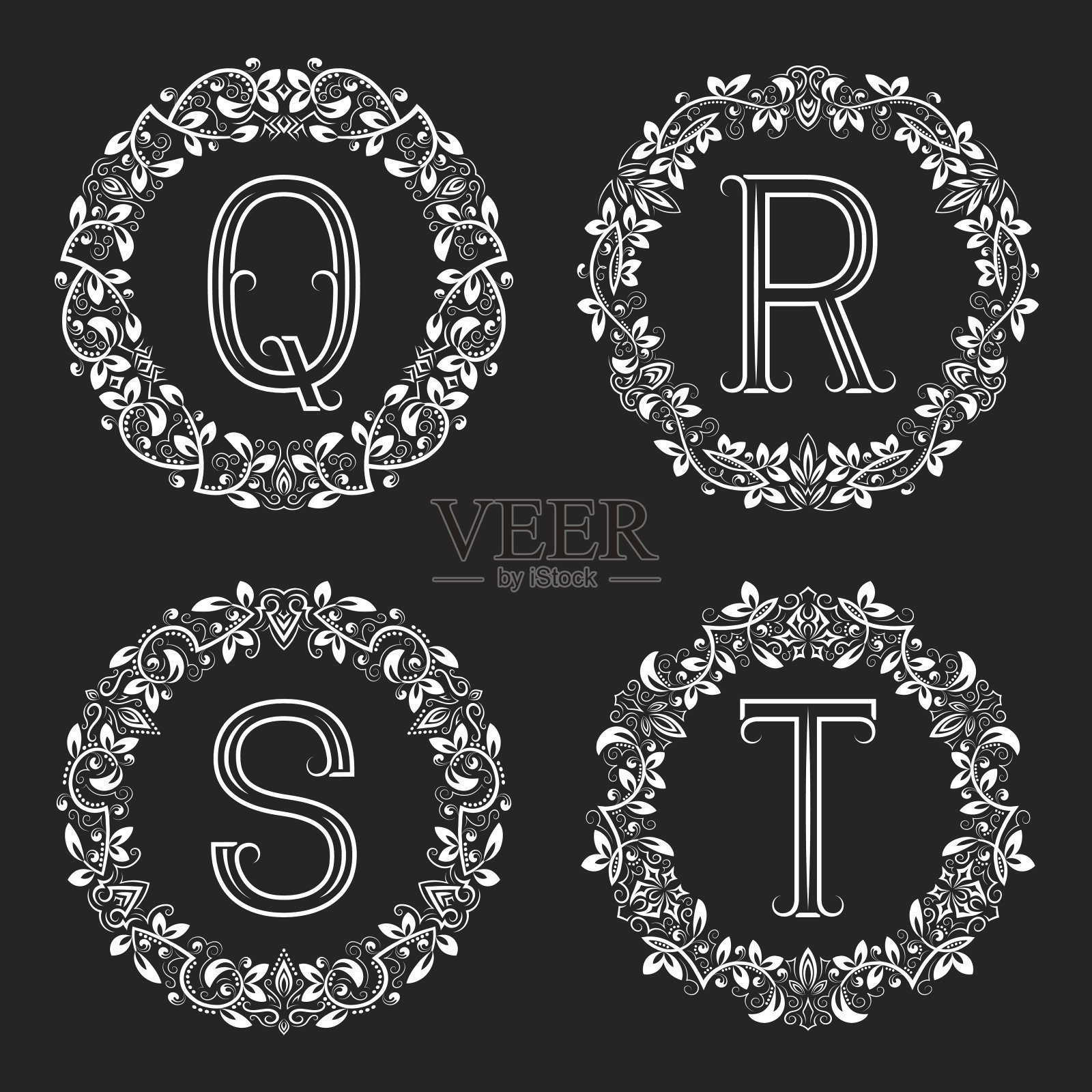 花框中的白色字母Q, R, S, T。设计元素图片
