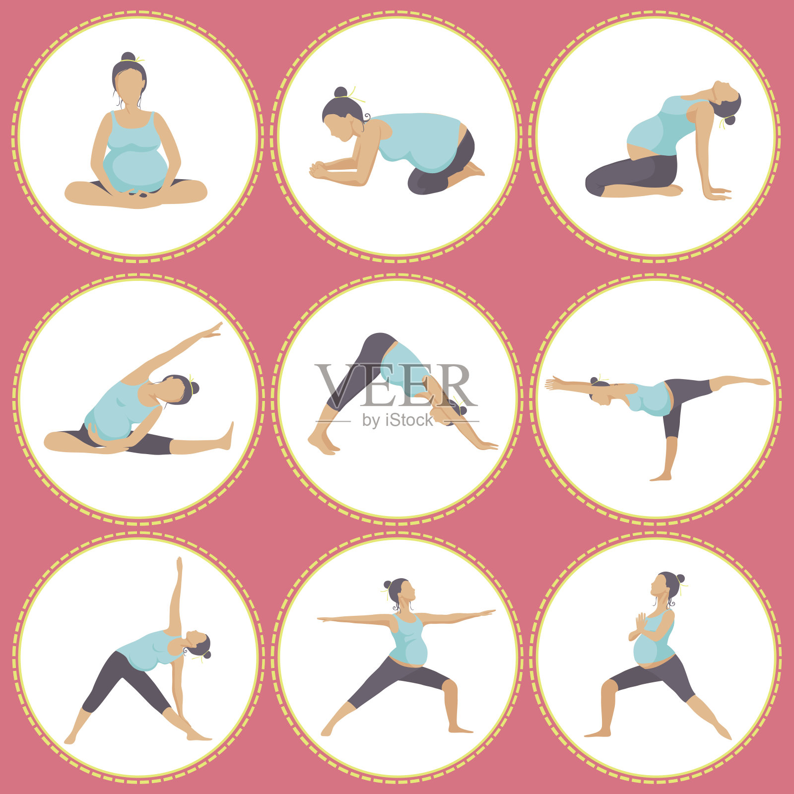 9个瑜伽姿势的孕妇。插画图片素材
