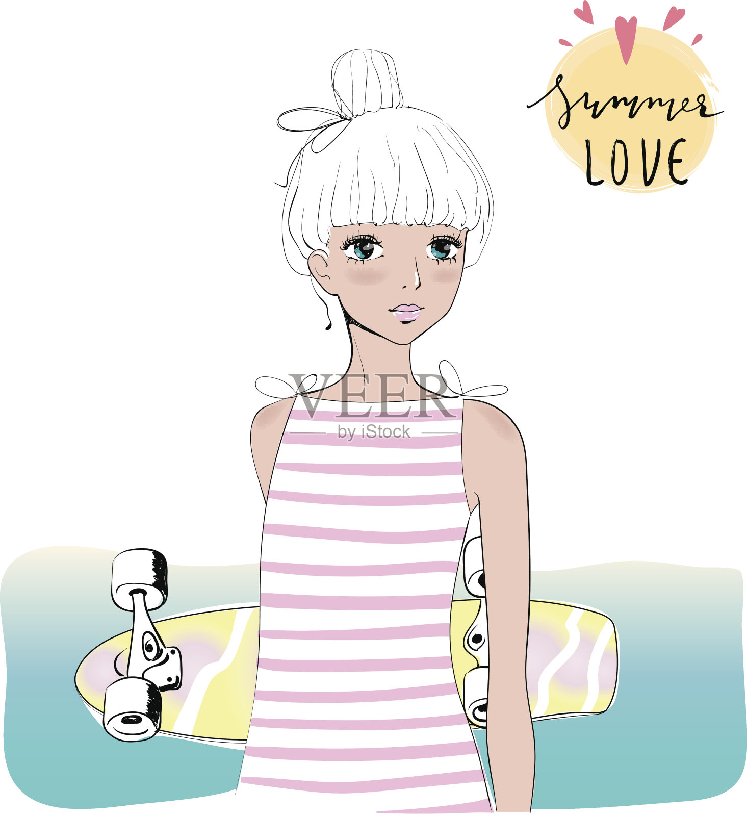 海滩上玩滑板的可爱女孩。插画图片素材