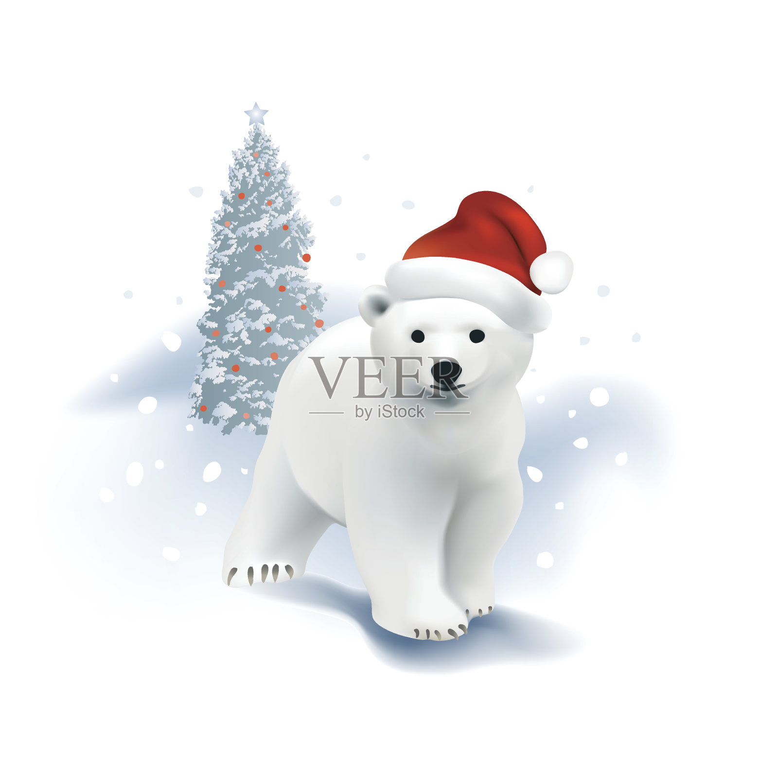 带着圣诞帽和圣诞树的北极熊幼崽。插画图片素材