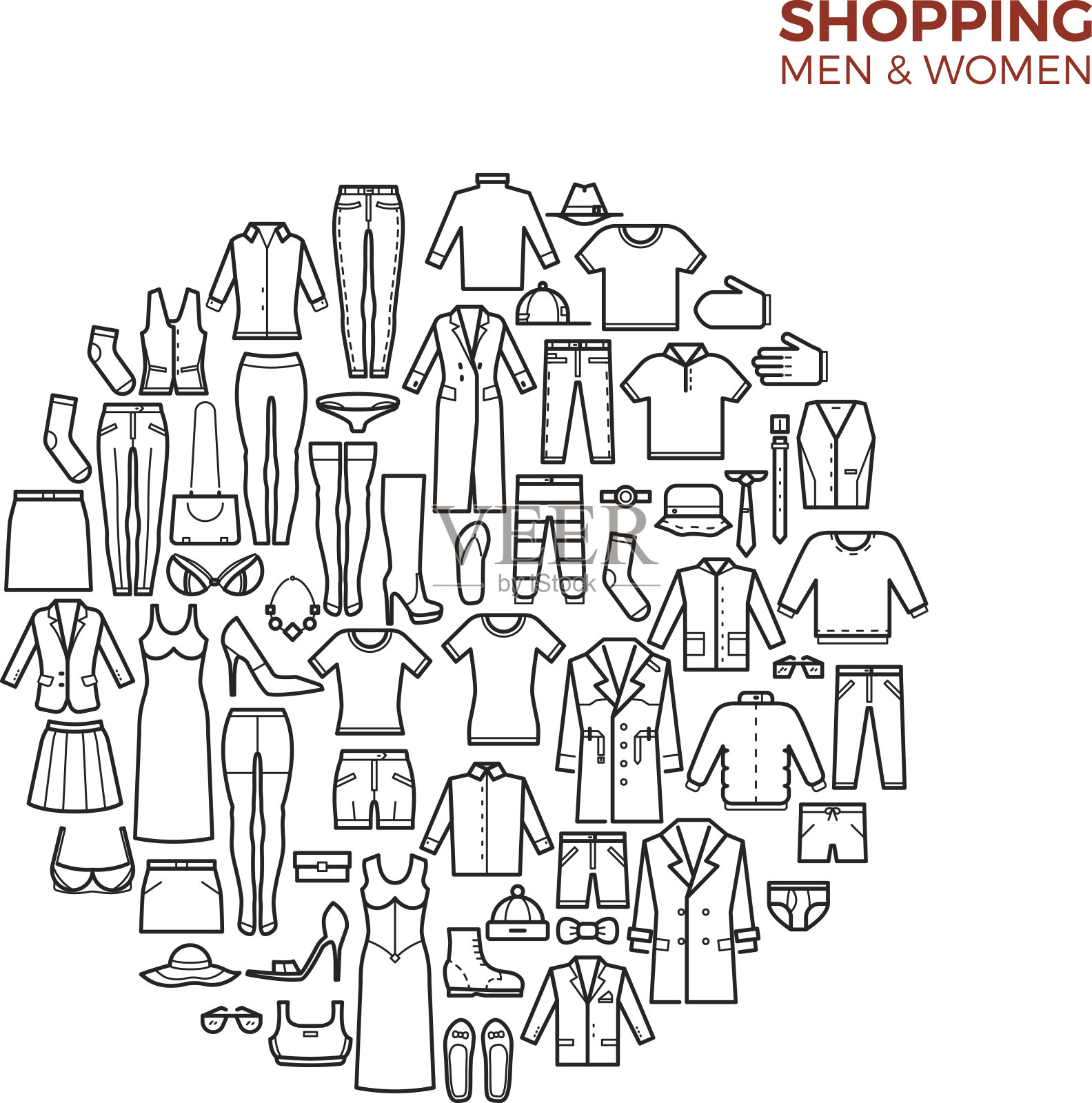 时尚和购物概念与服装细线矢量图标插画图片素材
