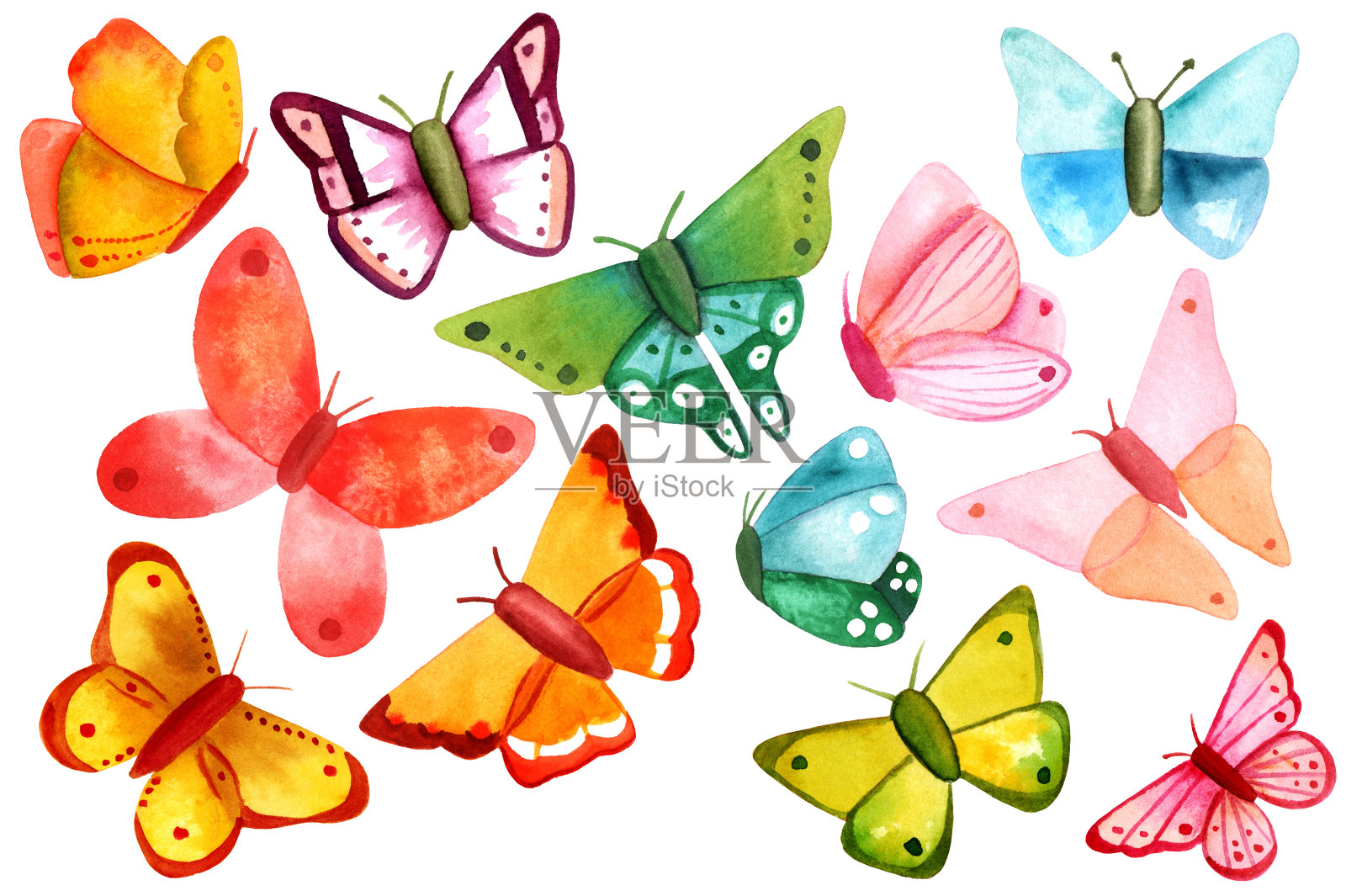 一套各种形式和颜色的水彩蝴蝶插画图片素材