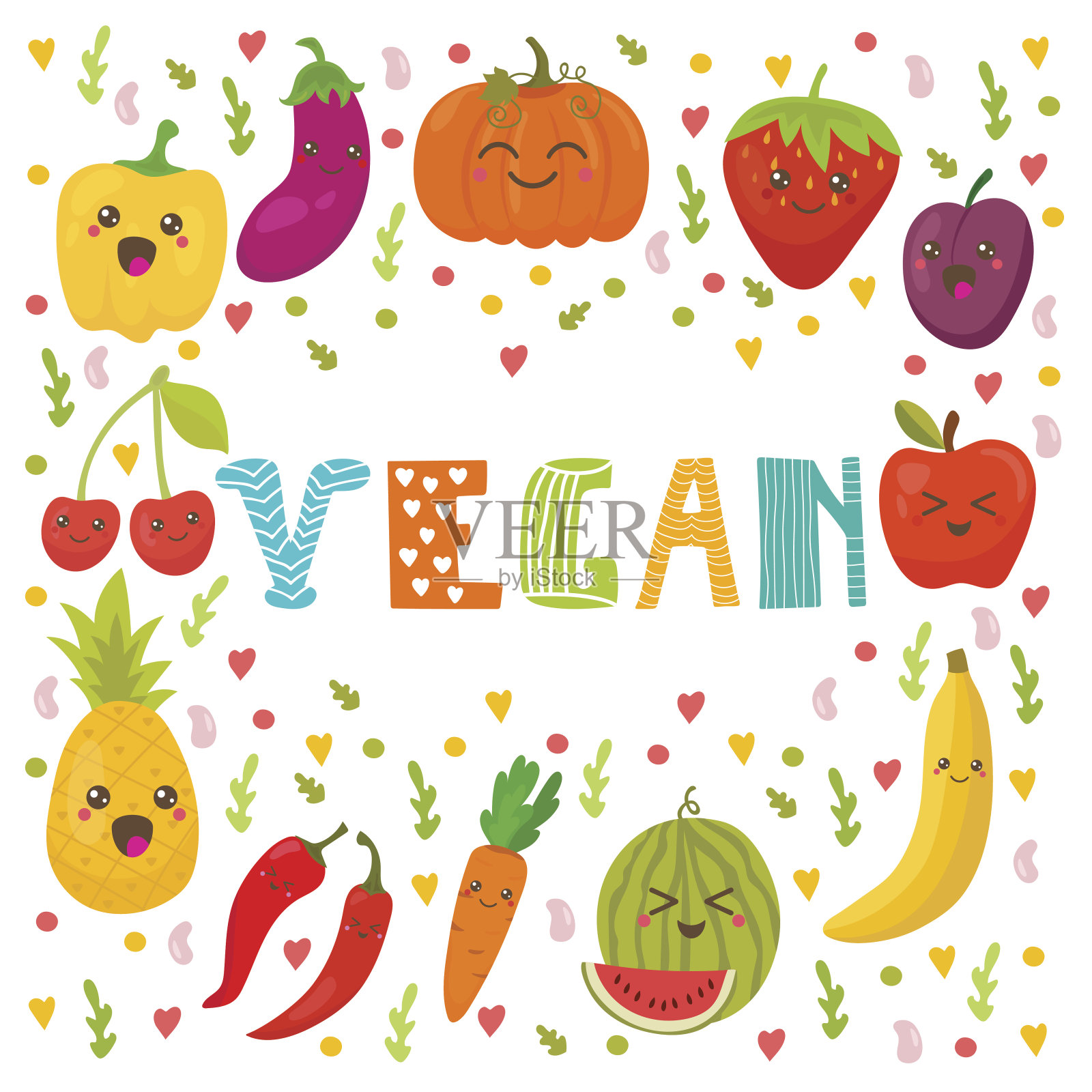 素食食物。健康的生活方式。可爱快乐的水果和蔬菜插画图片素材