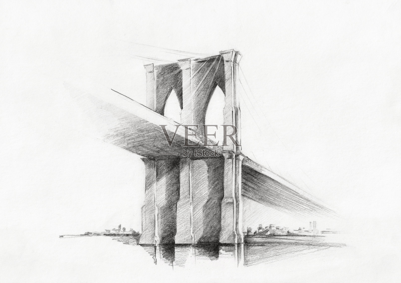 布鲁克林大桥的草图，从曼哈顿观看照片摄影图片